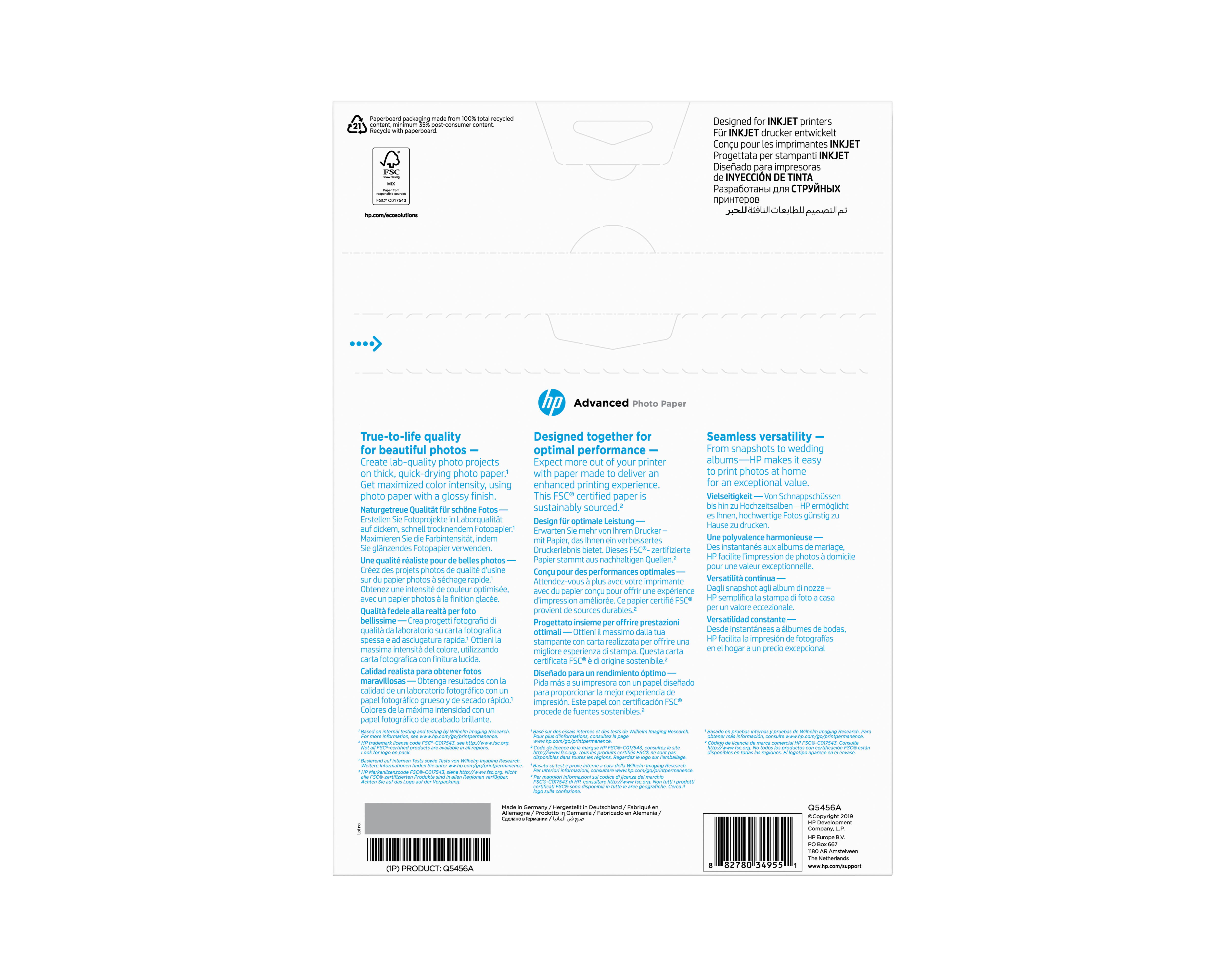HP original Q5456A Advanced glossy photo paper Ink cartridge 250g/m2 A4 25 sheets 1-pack