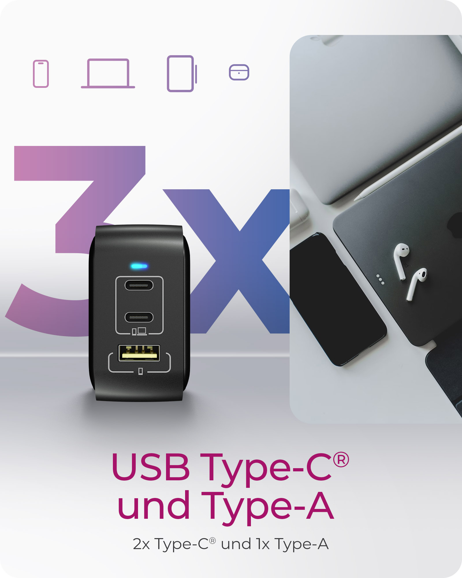 3-Port Steckerladegerät IB-PS103-PD, USB-A + 2x USB-C