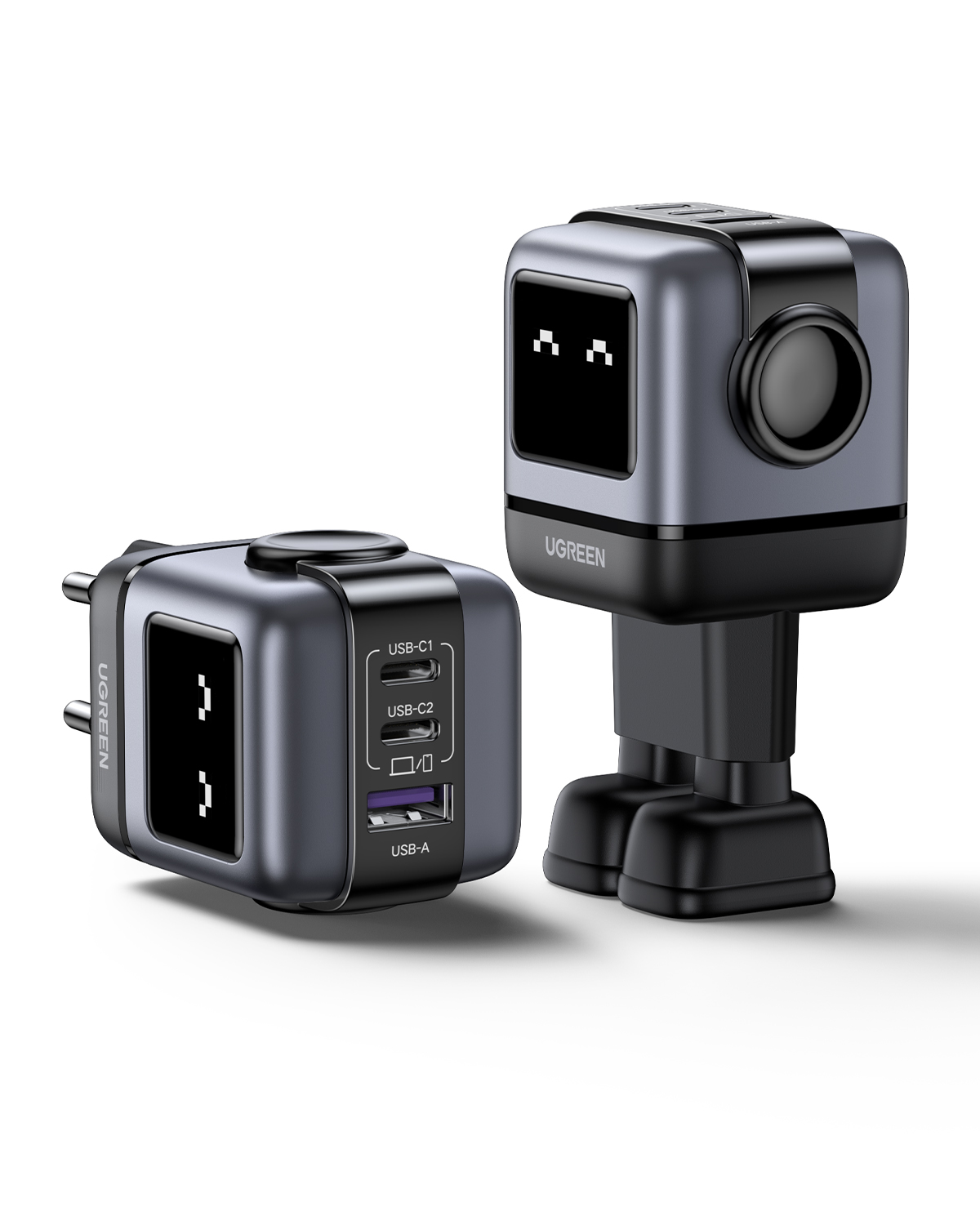 UGREEN Uno CD361 GaN Fast Charger 65W Ladegerät 2x USB-C 1x USB-A Smart-Display Robot Design schwarz