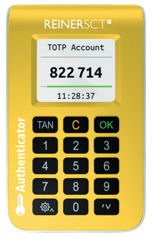 REINERSCT Authenticator gelb Hardware fuer die sichere Zwei-Faktor-Authentisierung 2FA mit TOTP