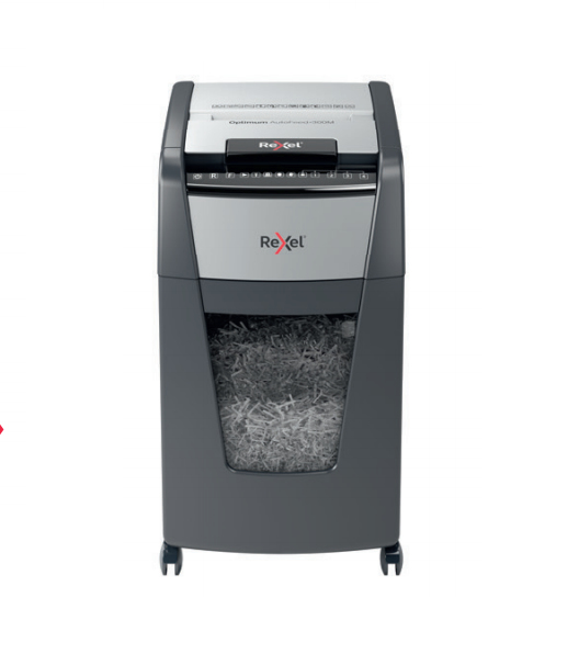 Rexel Optimum AutoFeed+ 300X Aktenvernichter mit Partikelschnitt P-4, 4 x 26 mm, bis 300 Blatt, schwarz