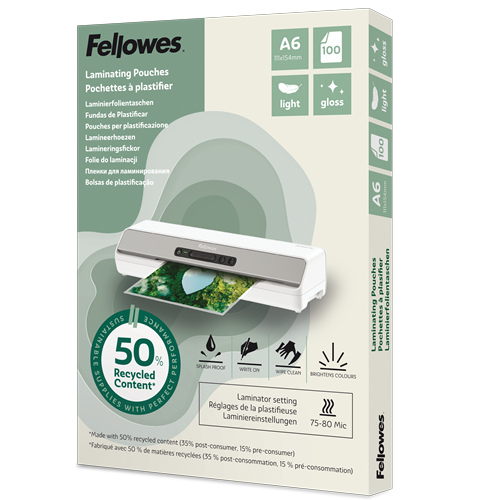 Fellowes Laminierfolien mit 50% recyceltem Anteil glänzend für A6 75-80 micron, 100 St.