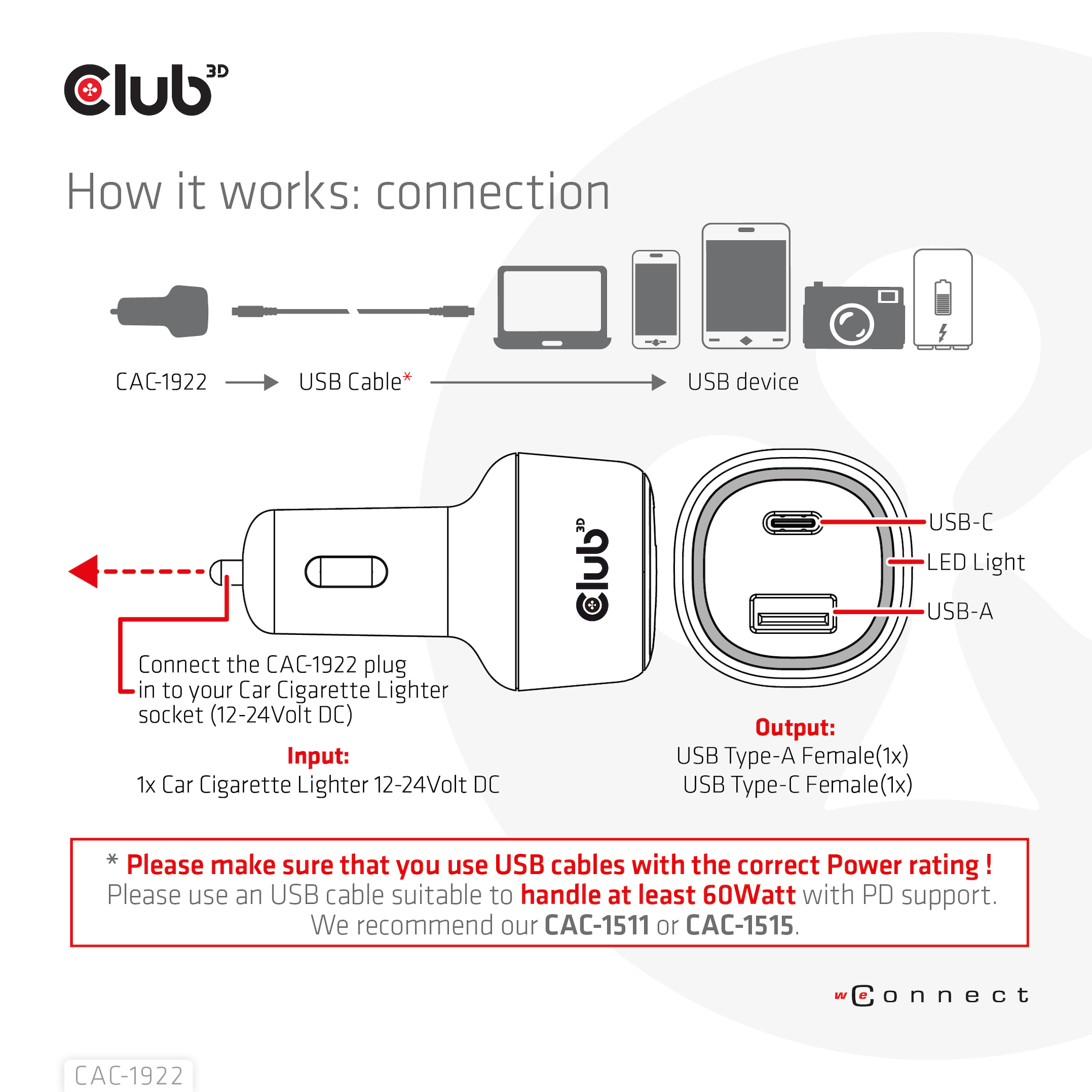 Club3D USB KFZ-Ladegerät 1xUSB C, 1xUSB A, 63W, 12/24V retail