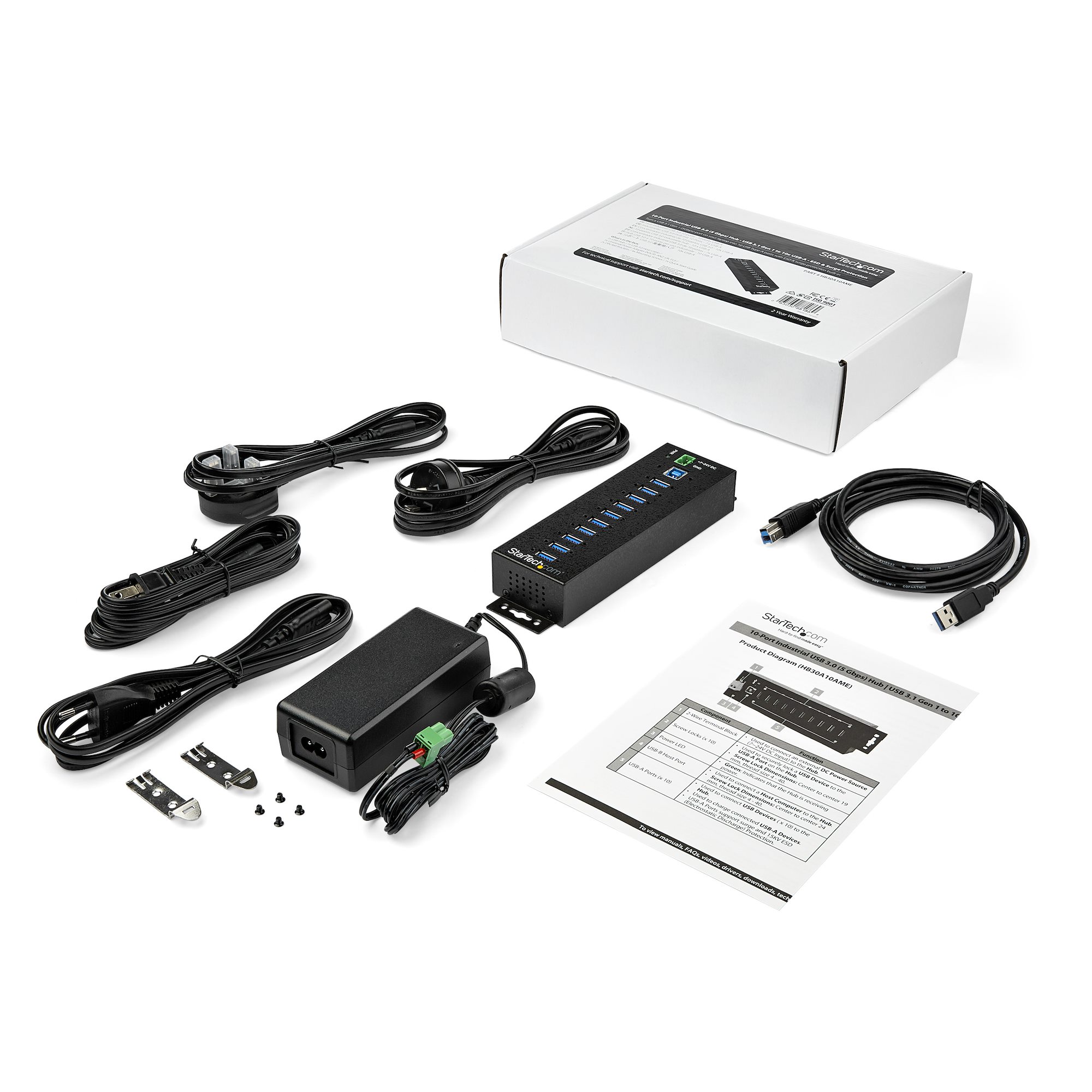STARTECH.COM 10-Port Industrial USB 3.0 Hub with External Power Adapter - ESD & 350W Surge Protection HB30A10AME