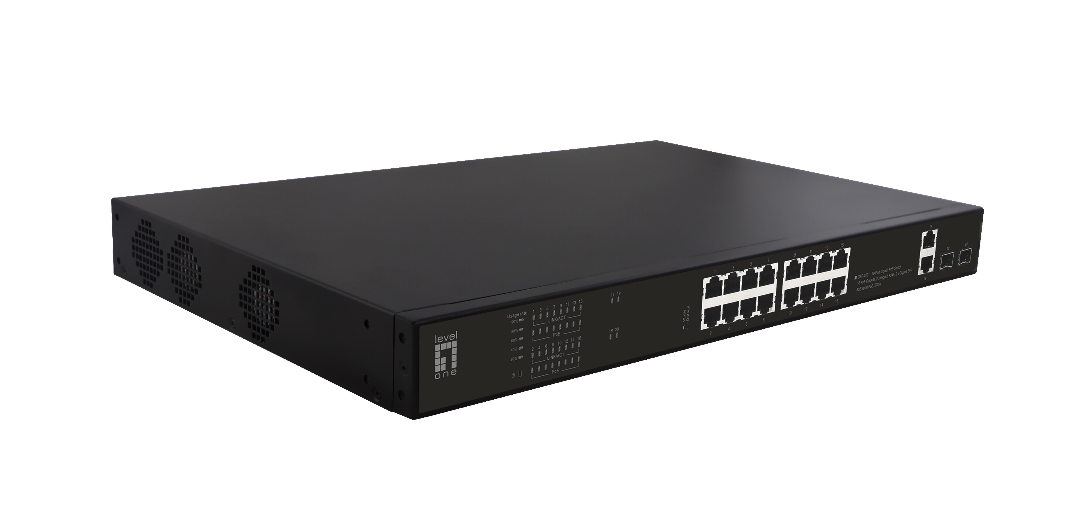 LevelOne PoE+Switch 16xGE PoE/2xGE/2xSFP 270W 19 unman.Met.