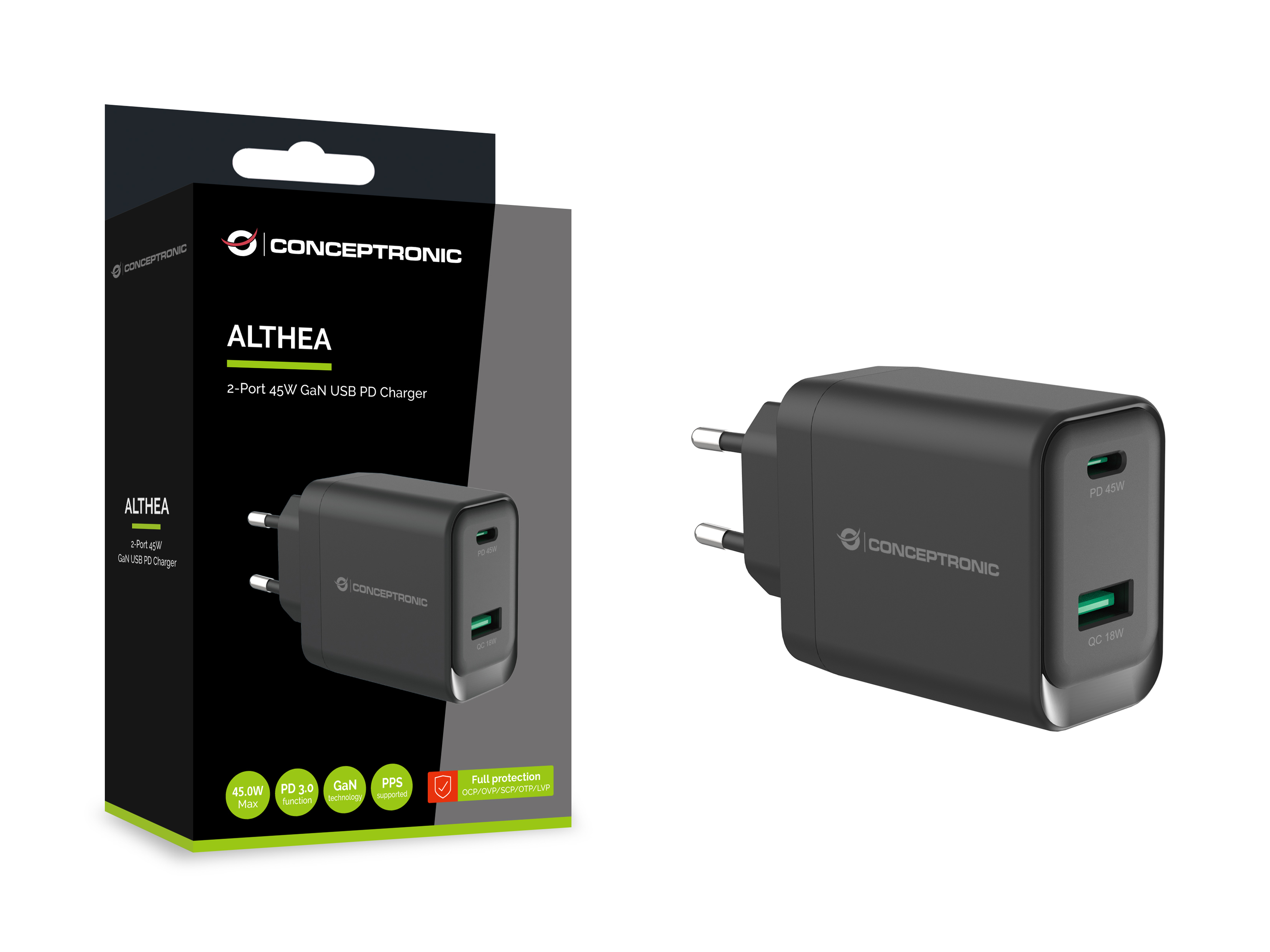 CONCEPTRONIC Ladegerät 2Port GaN USB-C/-A 45WPD3.0/PPS sw