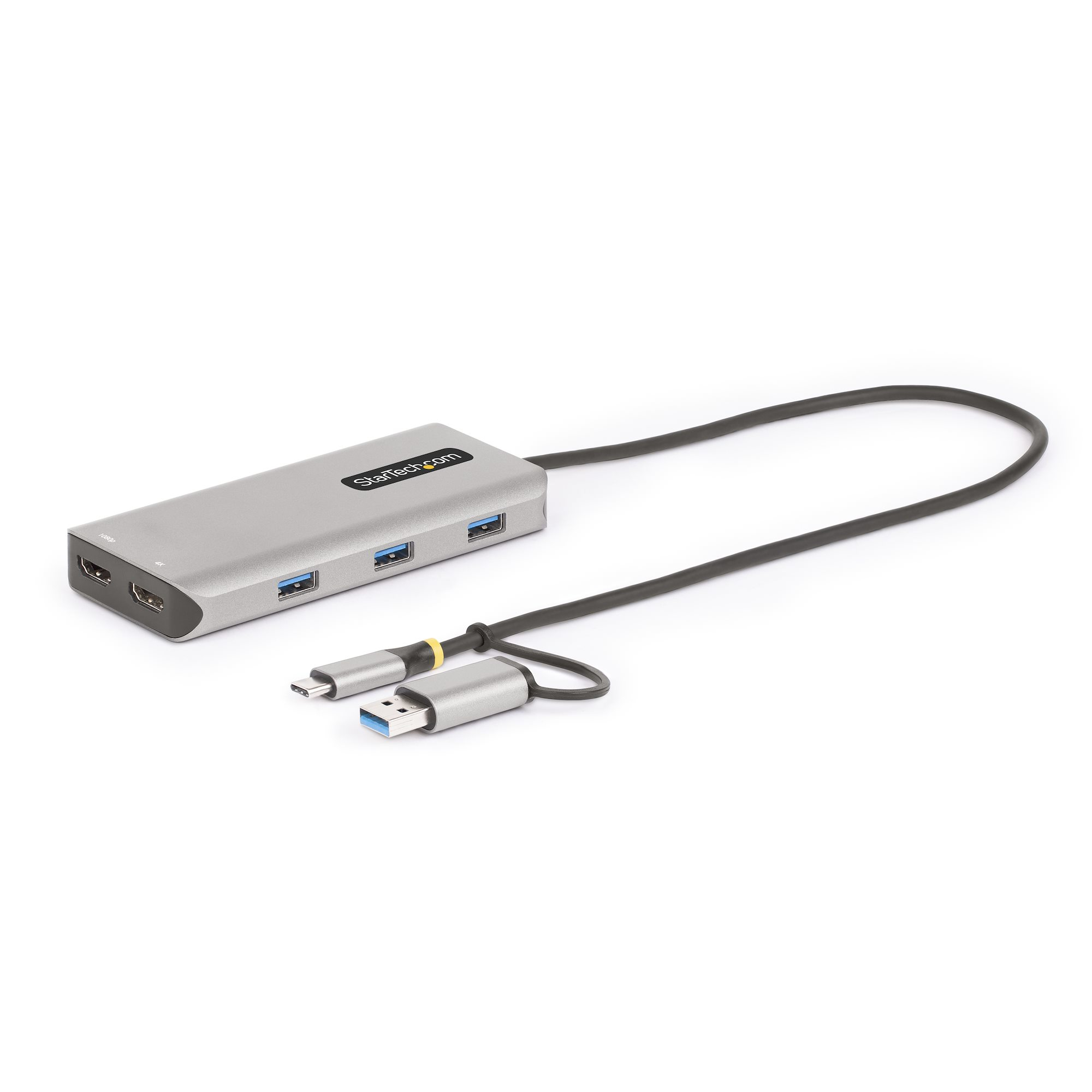 STARTECH.COM USB-C and USB-A Multiport Adapter Dual HDMI 4K/1080p 3Port USB Hub USB-C to A Dongle Mini Travel Laptop Docking Station