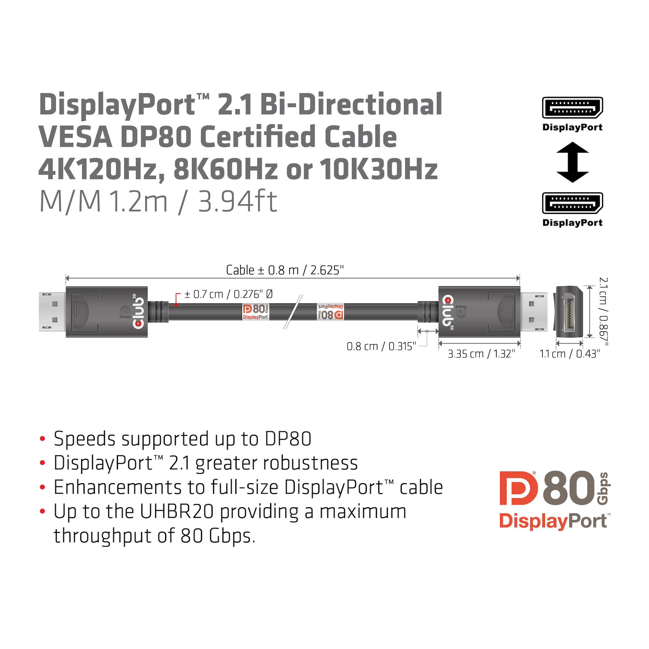 Club3D DP-Kabel 2.1 DP80 zertifiziert 1,2m 10K/8K/4K St/St retail