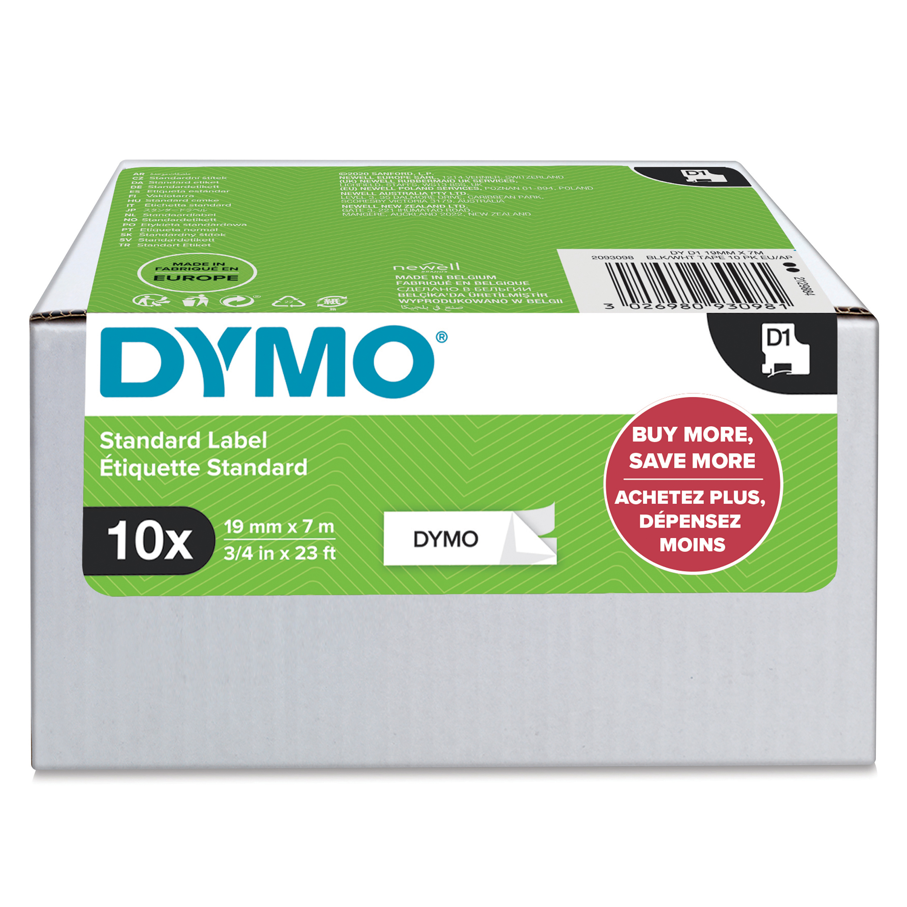 DYMO Schriftbänder D1 45803 2093098, 19 mm, schwarz auf weiß, 10 St.