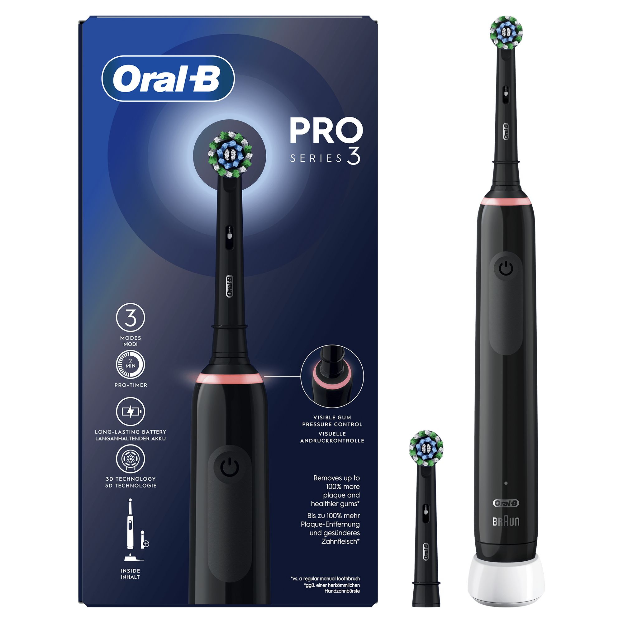 Braun Oral-B PRO 3 3000 mit 2 CrossAction Aufsteckbürsten, schwarz