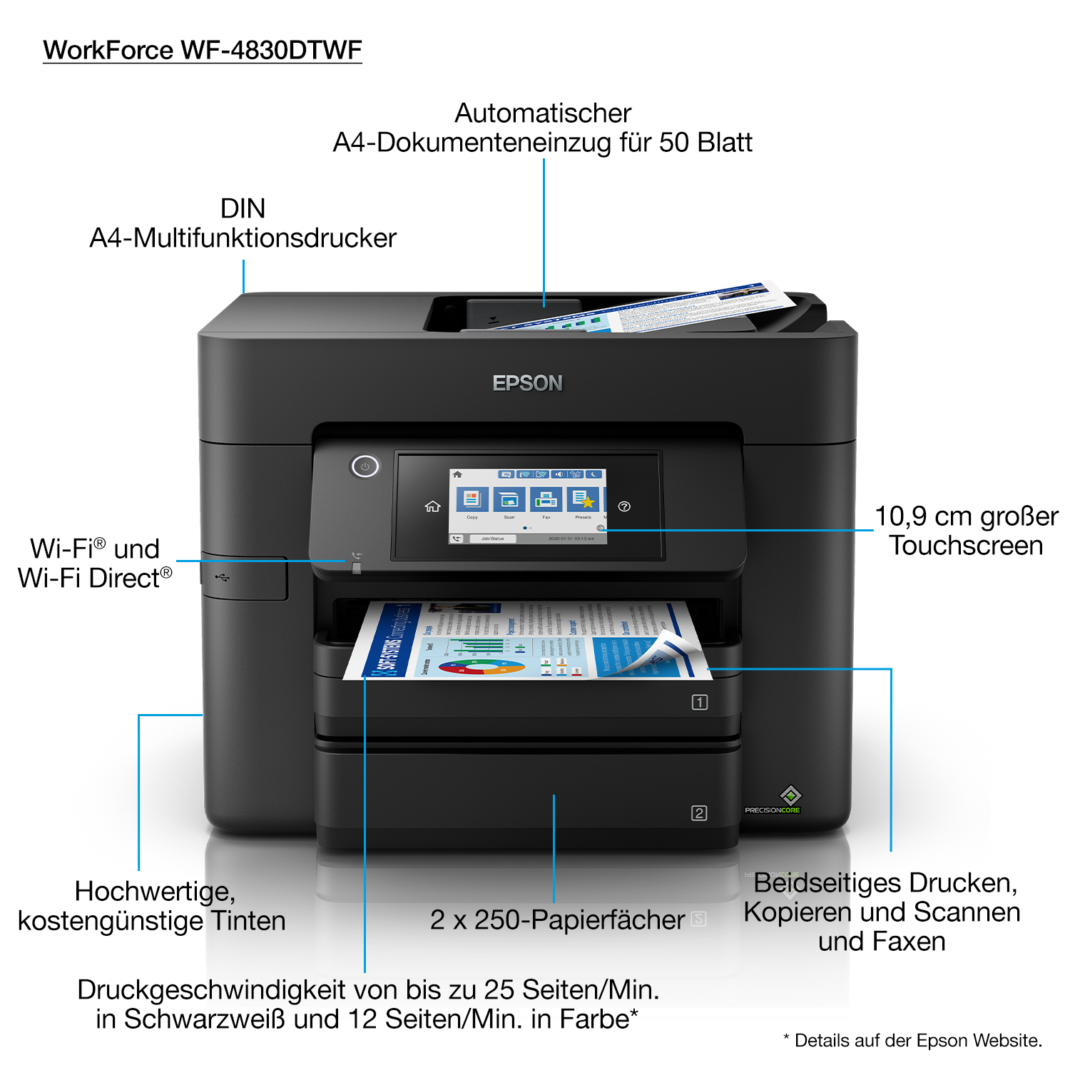 EPSON WorkForce Pro WF-4830DTWF 4 in 1 Tintenstrahl-Multifunktionsdrucker schwarz