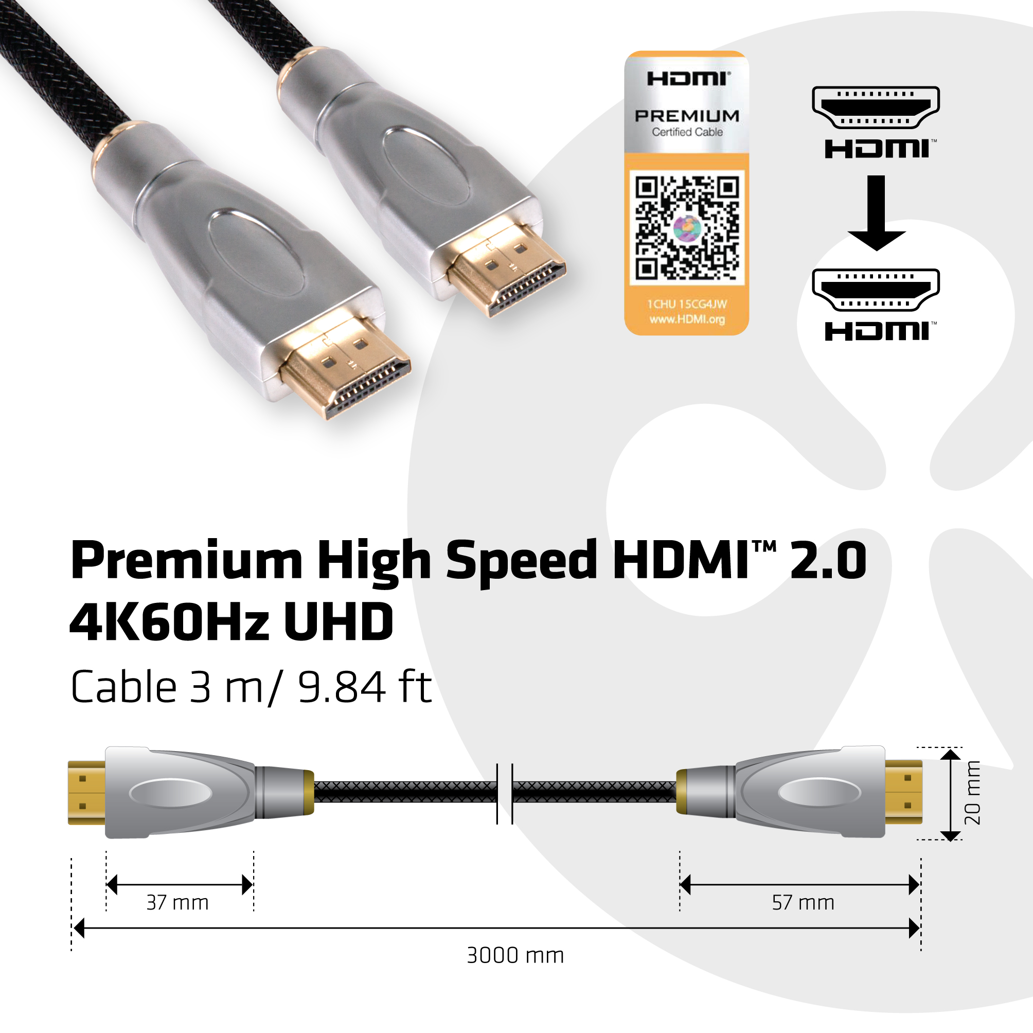 Club3D HDMI-Kabel A -> A 2.0 High Speed 4K60Hz UHD 3 Meter retail