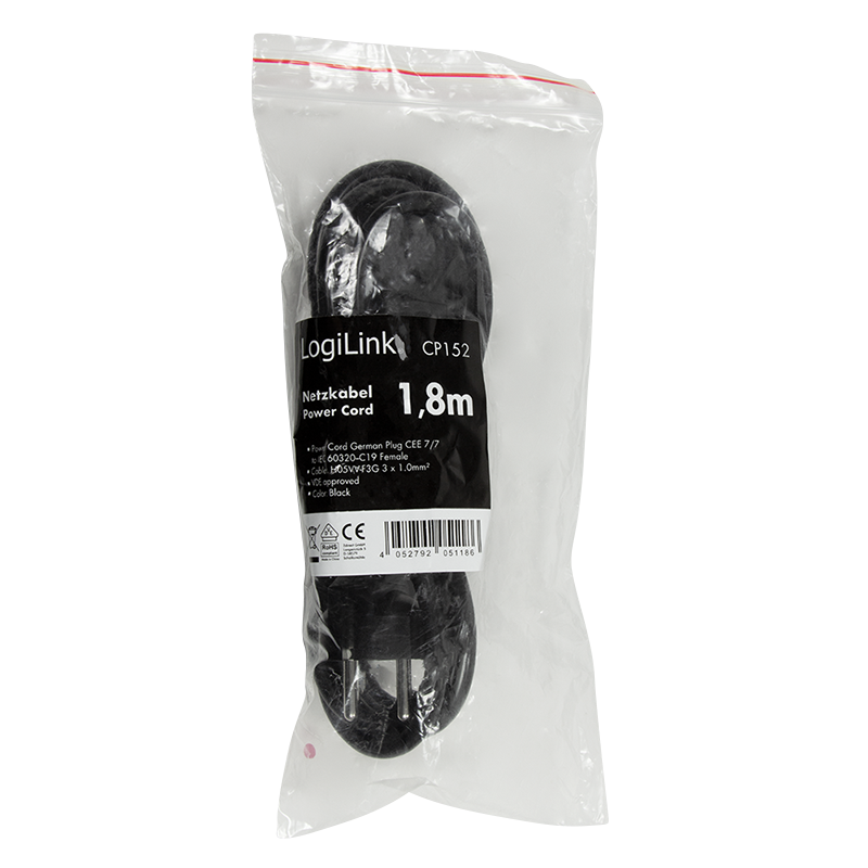Logilink Power Cord, CEE 7/7-IEC C19, black, 1,80m