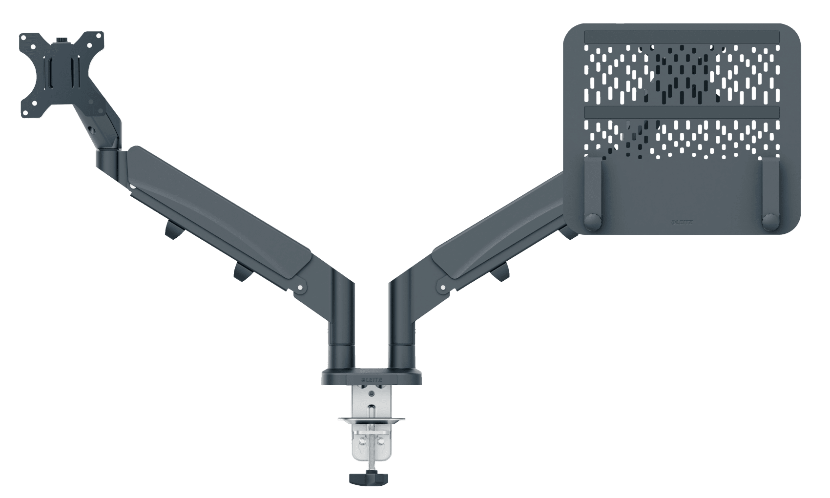 LEITZ Laptop-Monitor-Halterung Ergo 65380089 dunkelgrau für 1 Monitor und 1 Laptop, Tischklemme