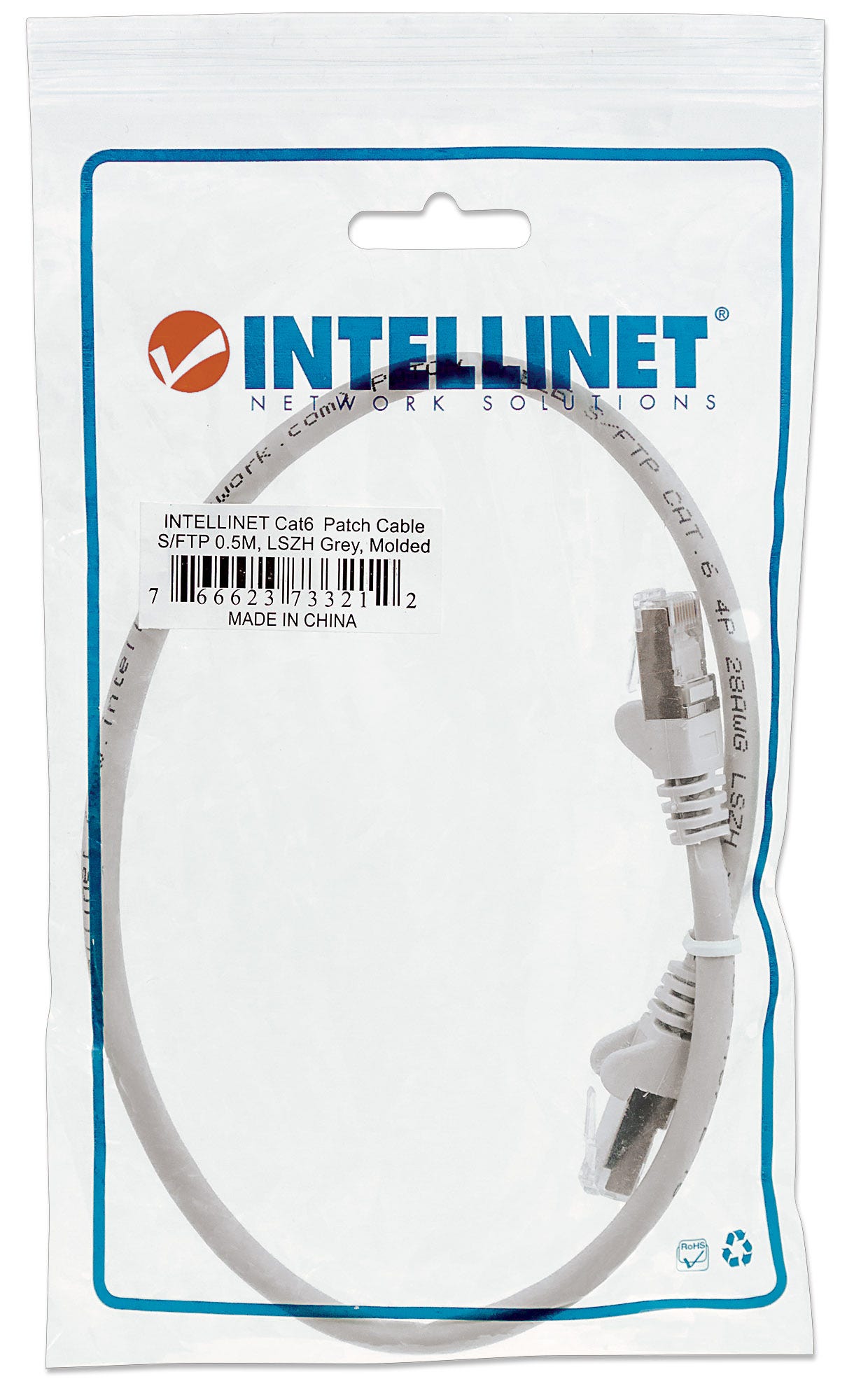 INTELLINET Patchkabel RJ45 S/FTP Cat6 0.5m LSZH Hebels. grau