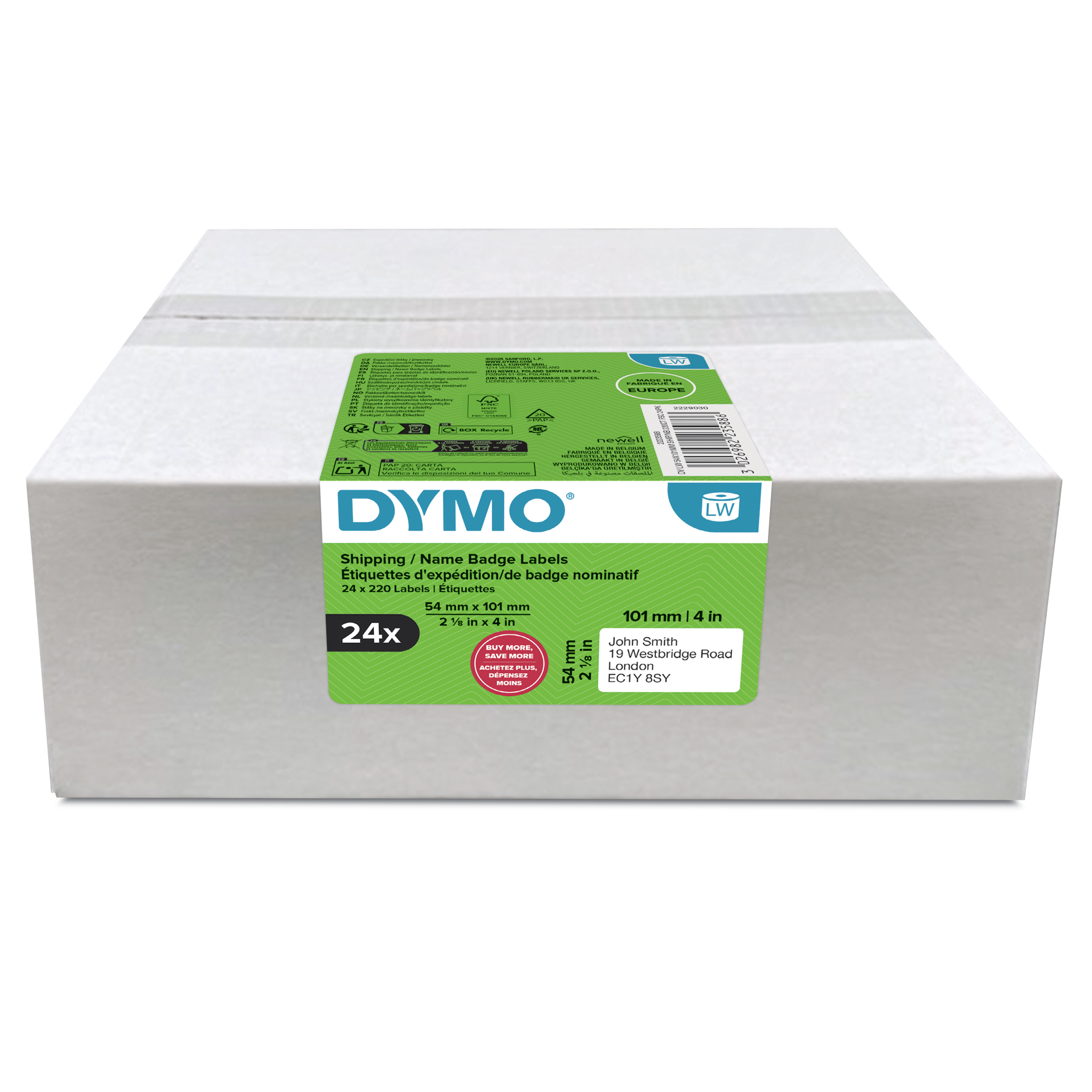 DYMO Etikettenrollen für Etikettendrucker weiß, 54,0 x 101,0 mm, 24 x 220 Etiketten