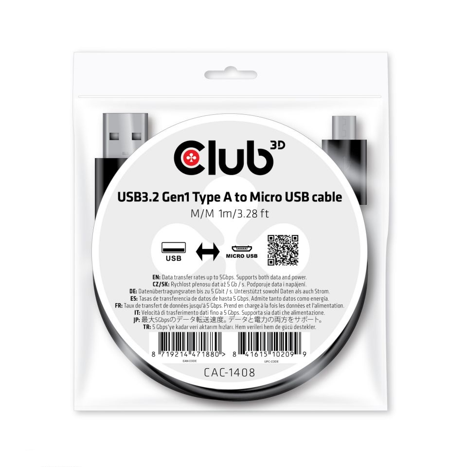 Club3D Kabel USB 3.2 Typ A > Micro USB 1m St/St Polybeutel