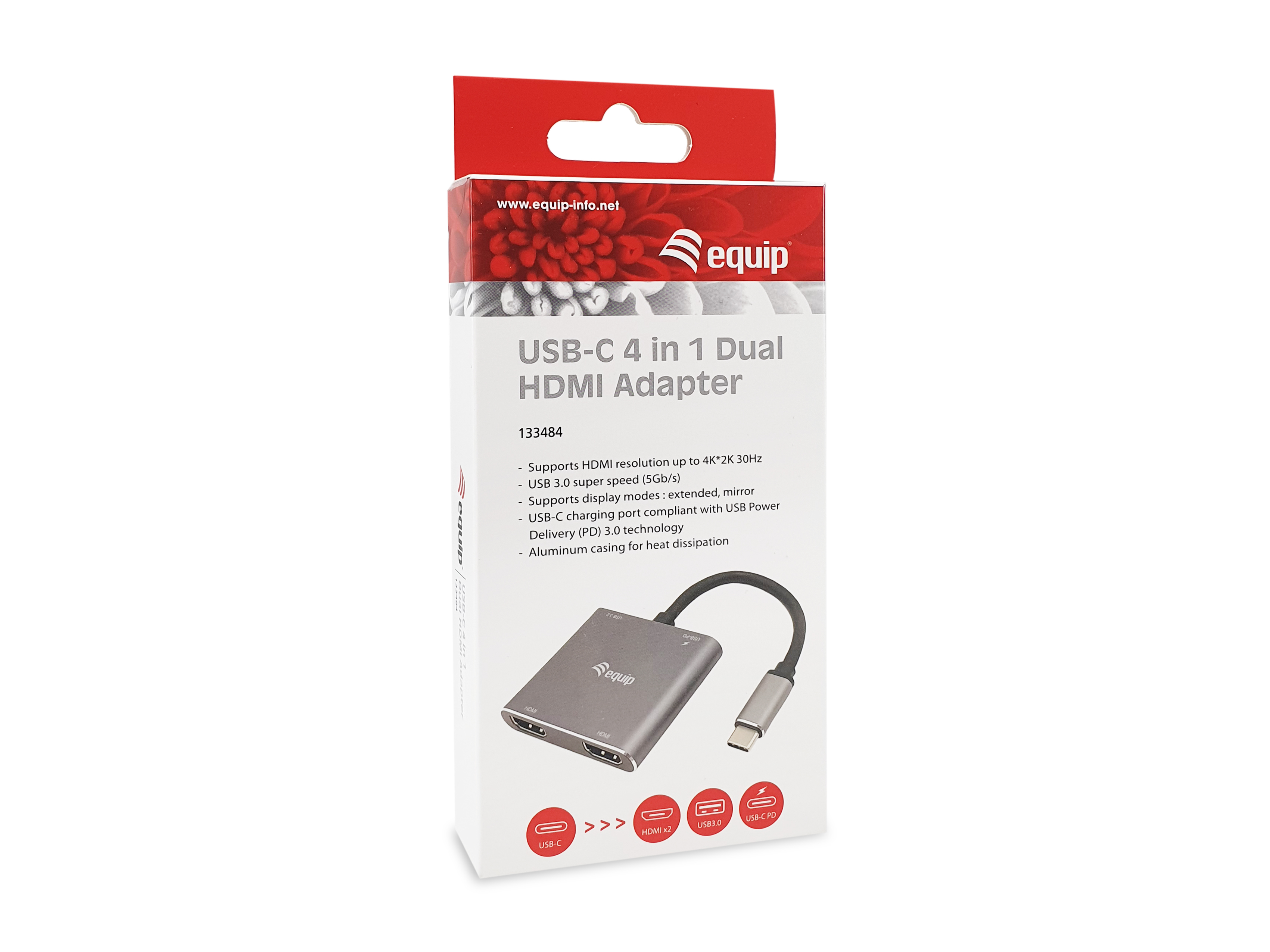 Equip Adapter USB-C->2xHDMI,3.2Gen1 100W PD,USB-C MST Adapte