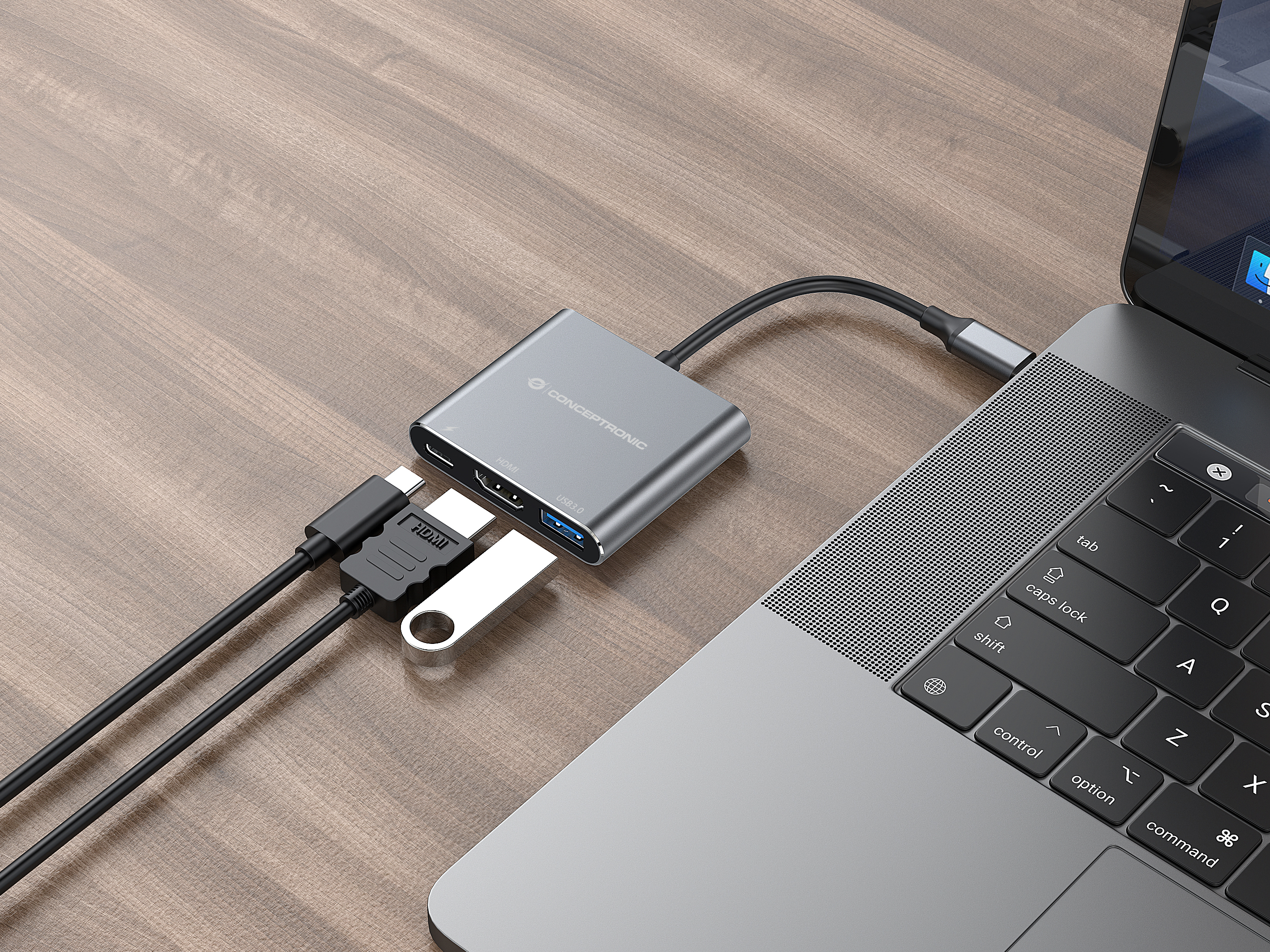 CONCEPTRONIC 3-1 Dock USB-C->HDMI/USB-A/100WPD 25cm gr