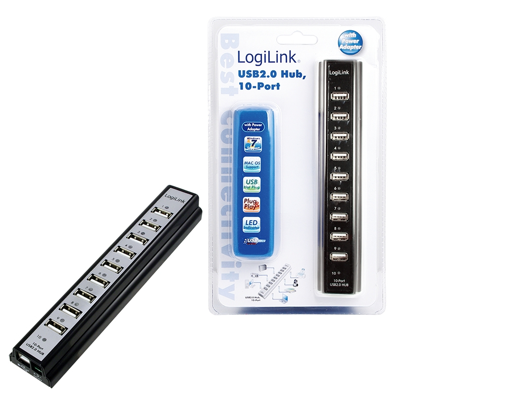 Logilink USB-HUB 10-Port m. Netzteil schwarz Kunststoff