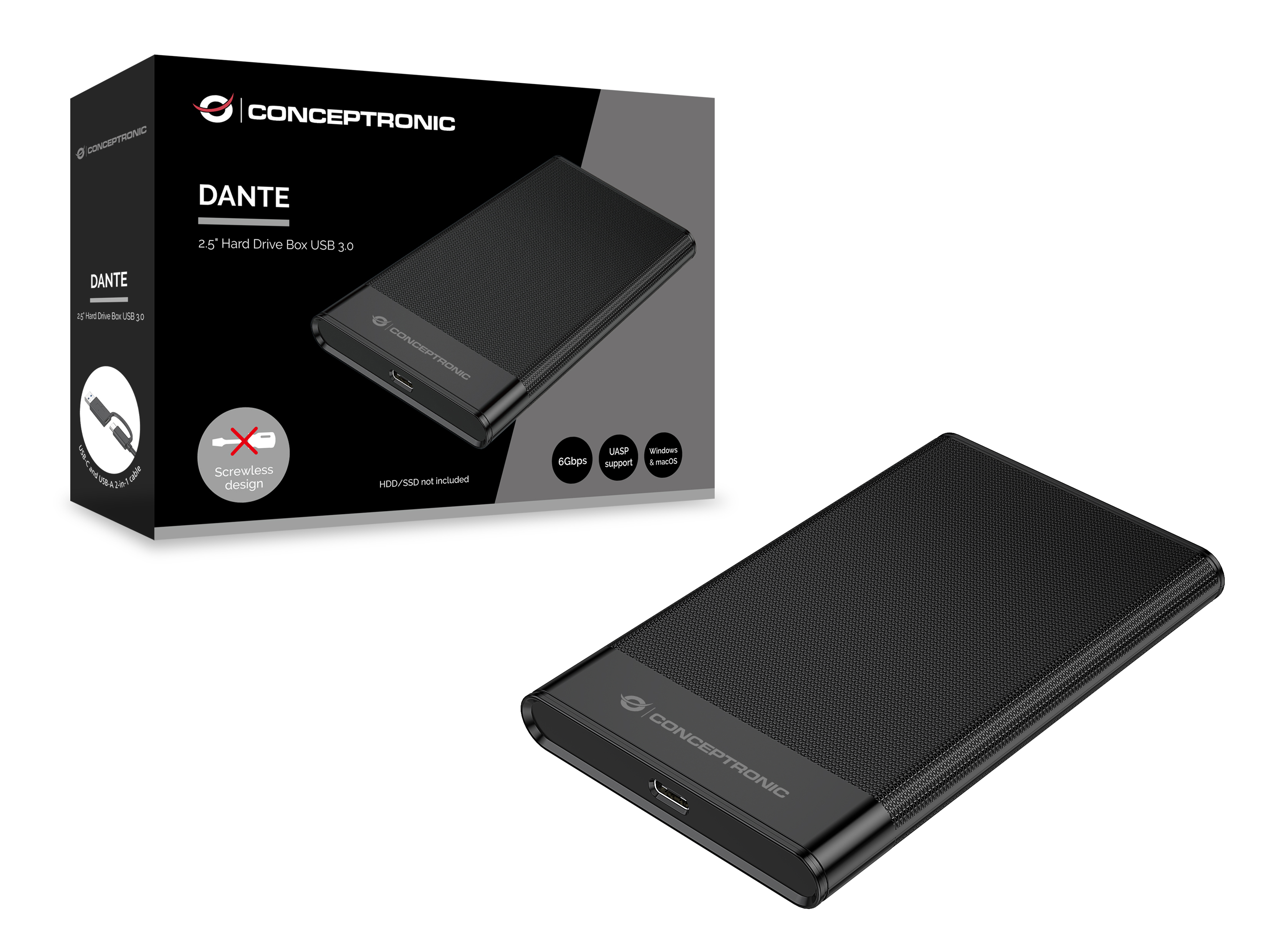 CONCEPTRONIC HDD Gehäuse 2.5SATA HDD/SSD USB-A/C 6Gbs sw