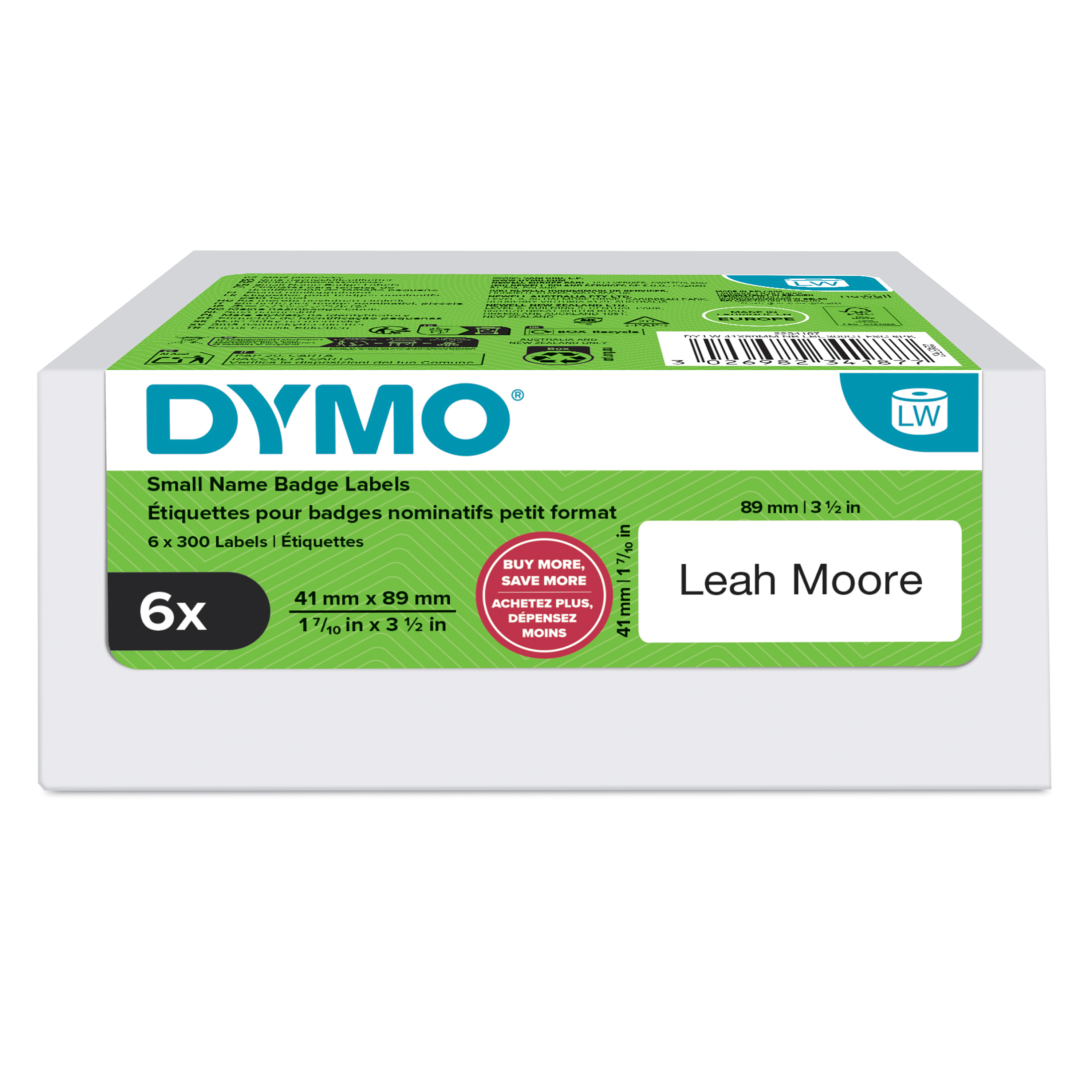 DYMO Etikettenrolle für Etikettendrucker weiß, 41,0 x 89,0 mm, 6 x 300 Etiketten