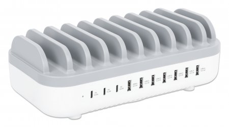 MANHATTAN 10-Port USB-Ladestation 120W 3x USB-C PD-Ports bis zu 18 W/Port 7x USB-A-Ports bis 12 W 2,4 A/Port 120 W Gesamt weiss/grau