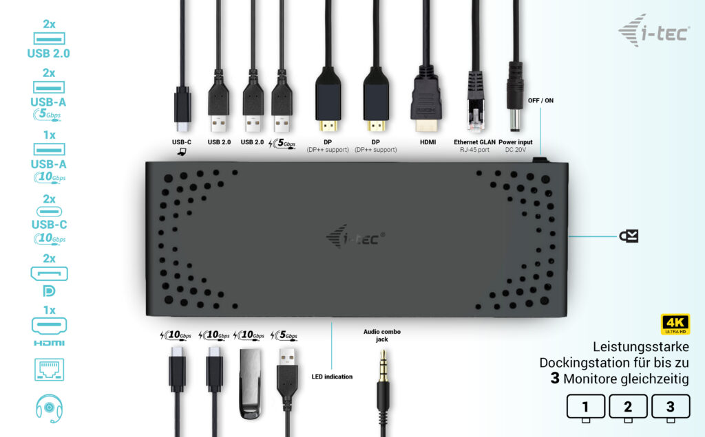 I-TEC USB-C Triple Display DS Gen2 2xDP 1xHDMI 1xGLAN 1xUSB 3.2 Gen2 2xUSB 3.2 Gen1 2xUSB-C Gen2 2xUSB 2.0 1xAudio/Mic PD100W