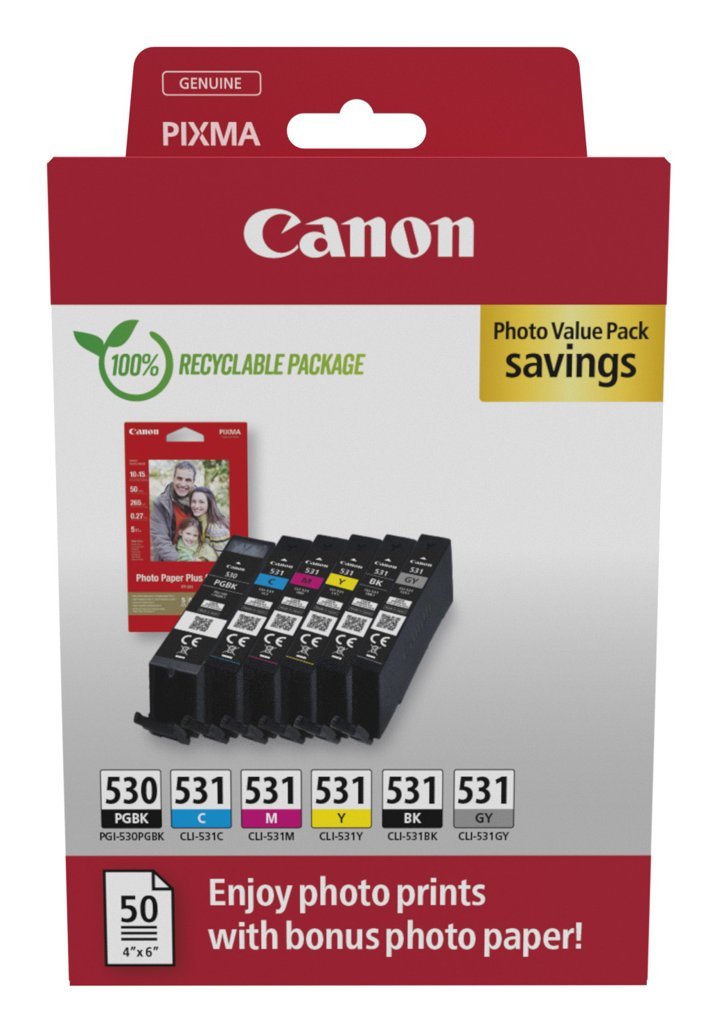 Canon PGI-530/CLI-531 PGBK/C/M/Y/BK/GY schwarz, cyan, magenta, gelb, grau, pigment-schwarz Druckerpatronen + Fotopapier, 6er-Set