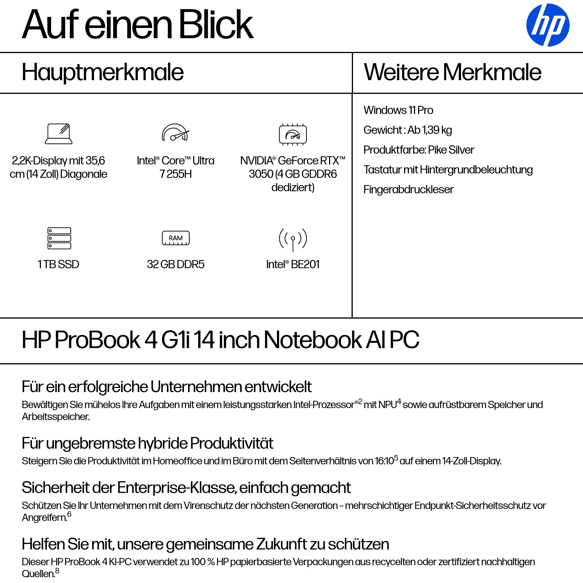 HP ProBook 4 G1i 14 Intel Core Ultra 7 255H 35,56cm 14Zoll 2,2k 32GB 1TB/SSD NVIDIA RTX 3050 4GB W11P SmartBuy 1J Gar (DE)