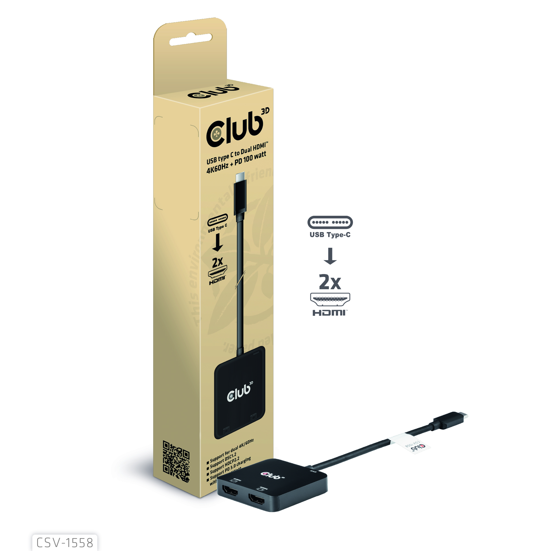 Club3D MST-Hub USB 3.2 Typ C > 2x HDMI 4K60Hz +100W PD St/Bu retail