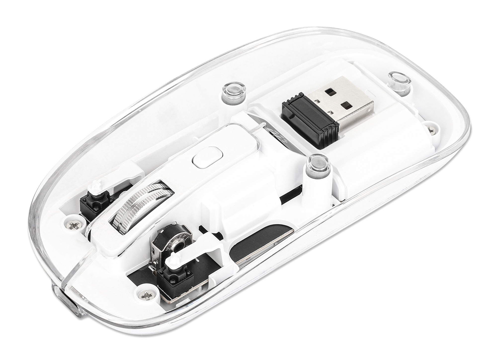 MANHATTAN Transparente Wiederaufladbare Kabellose Maus LED-Beleuchtung USB-A-Mikroempfänger Links-/Rechtshänder durchsichtig/weiss