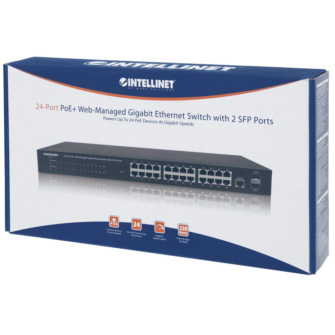 INTELLINET 24-Port PoE Gigabit Switch Web-Managed 2 GBIC SFP Ports Ausgangsleistung bis zu 30 Watt pro Port PoE+ IEEE 802.3at/af
