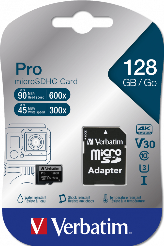 SD MicroSD Card 128GB Verbatim SDHC Pro Class 10 + Adapter retail
