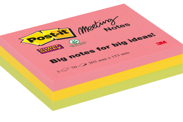 Post-it® Super Sticky Meeting Notes Haftnotizen extrastark farbsortiert, 3 Blöcke