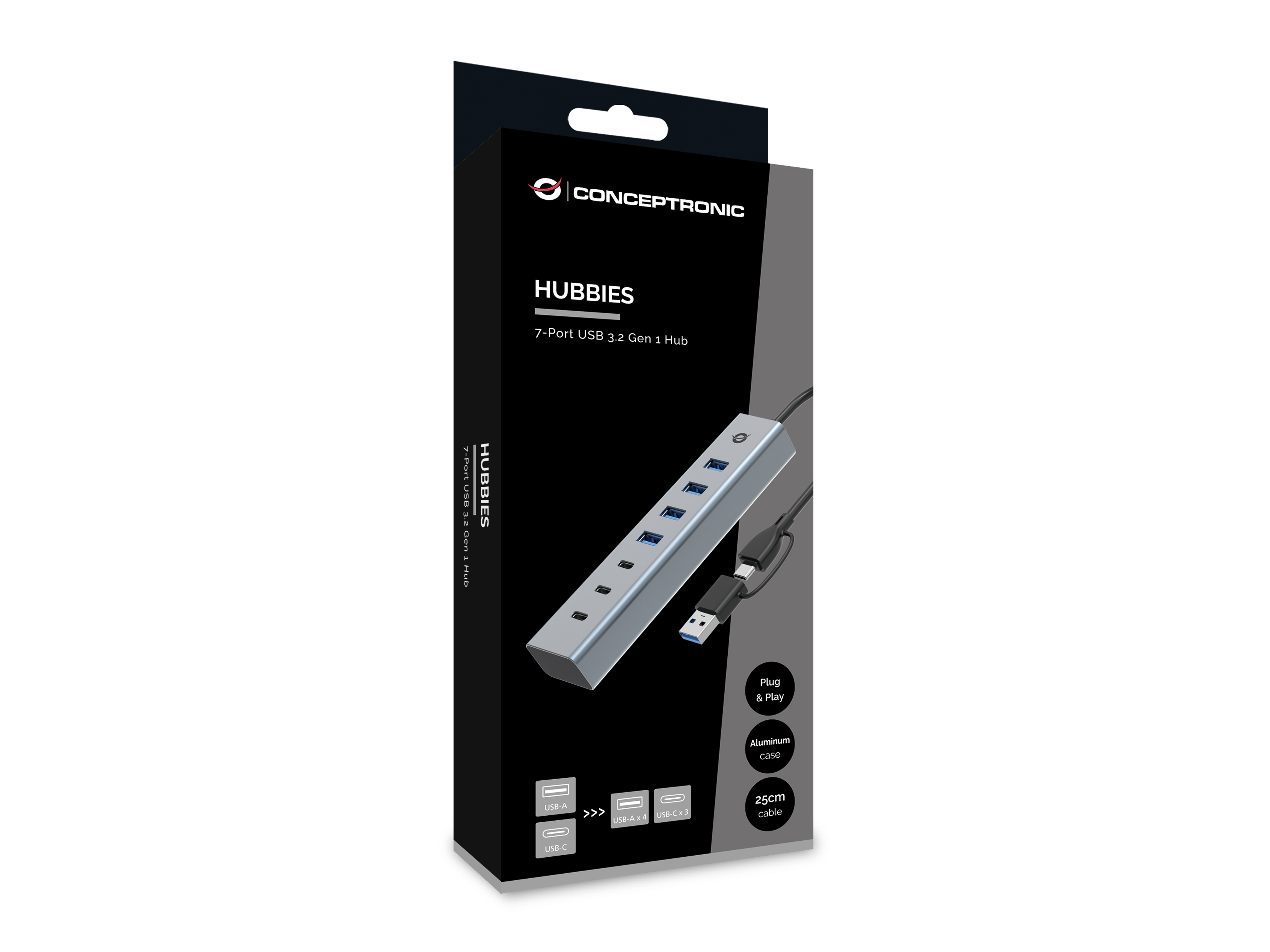 CONCEPTRONIC 7-Port Hub USB-A3.0/-C Adap.->4xA3.0+o.Netz. gr