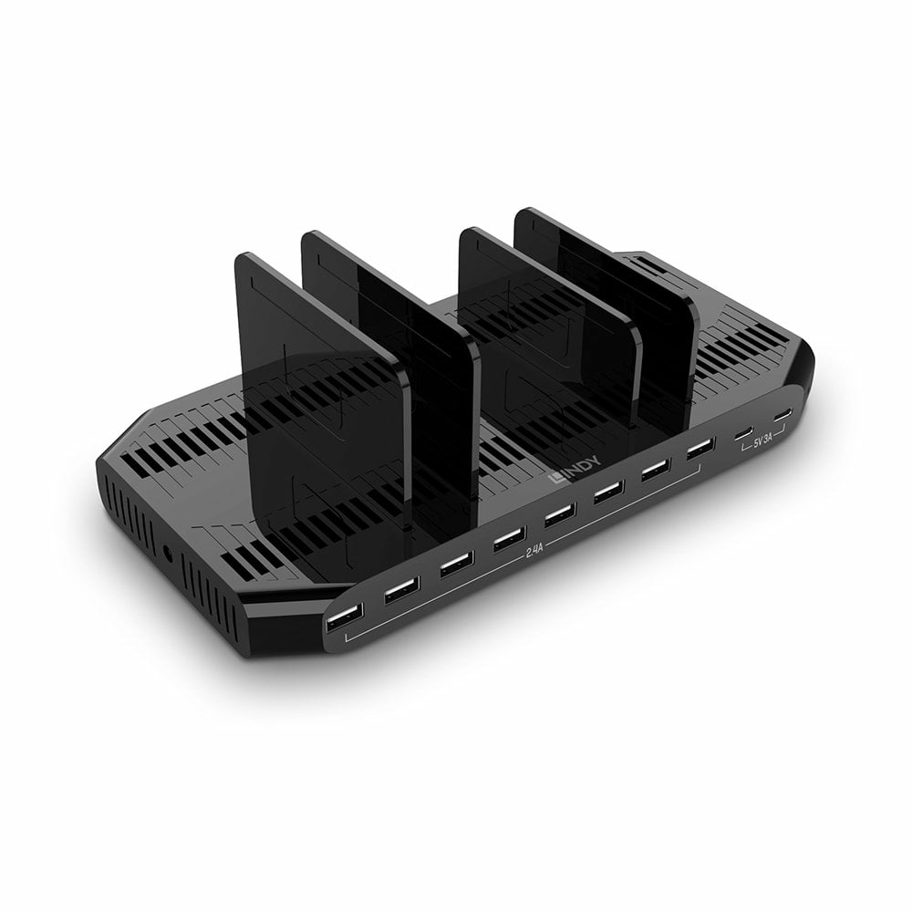 LINDY 10-Port USB-Ladestation 120W, 2xUSB-C 5V3A/8xUSB 2,4A