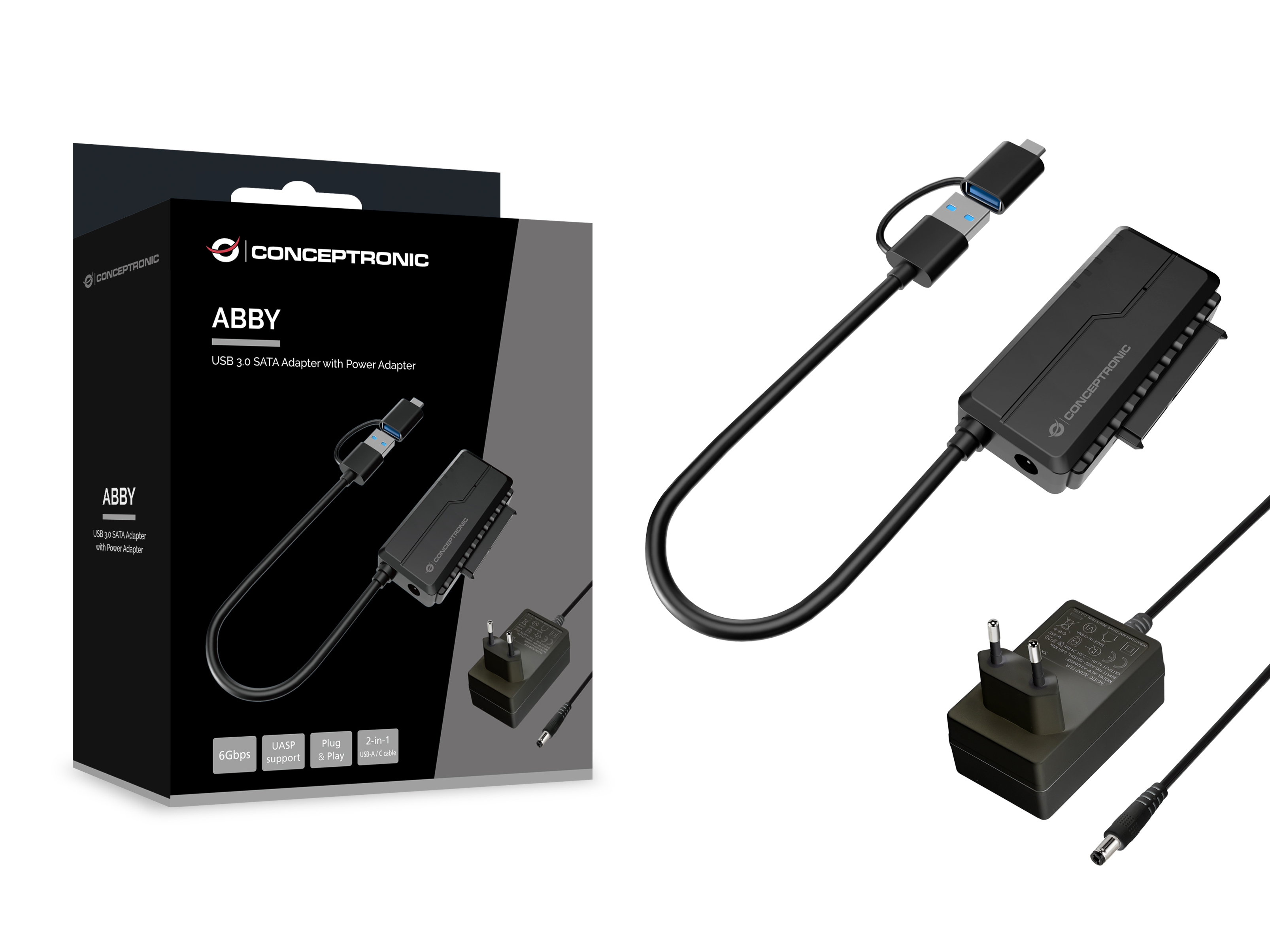 CONCEPTRONIC Adapter USB-A/-C3.0->SATA 22Pin St/Bu schwarz