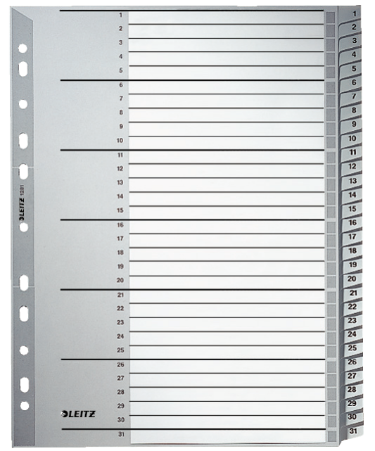 LEITZ Ordnerregister 1281 DIN A4 Vollformat, Überbreite 1-31 grau 31-teilig, 1 Satz