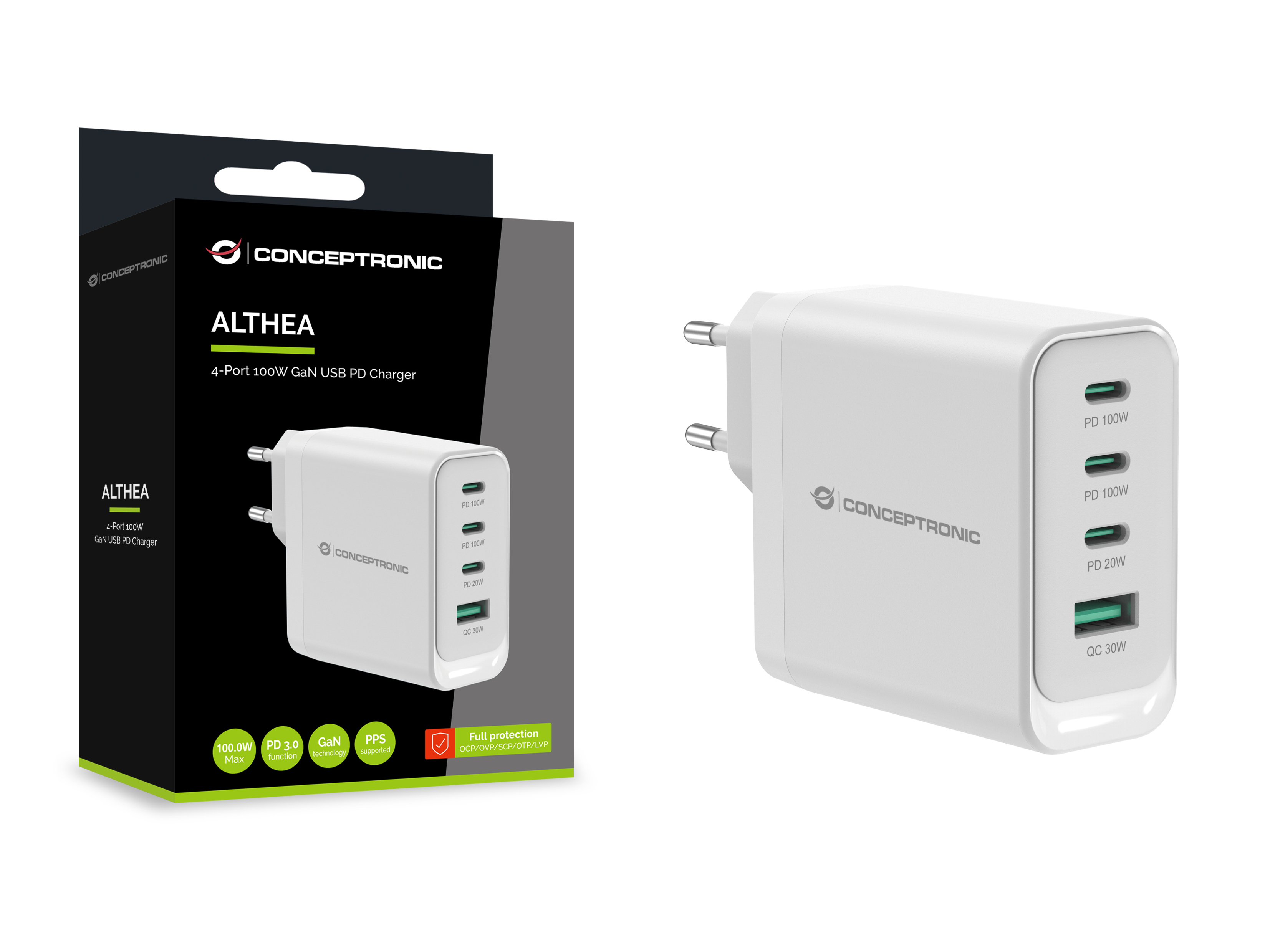 CONCEPTRONIC Ladegerät 4Port GaN 3xUSB-C/1xA100WPD3.0/PPS ws