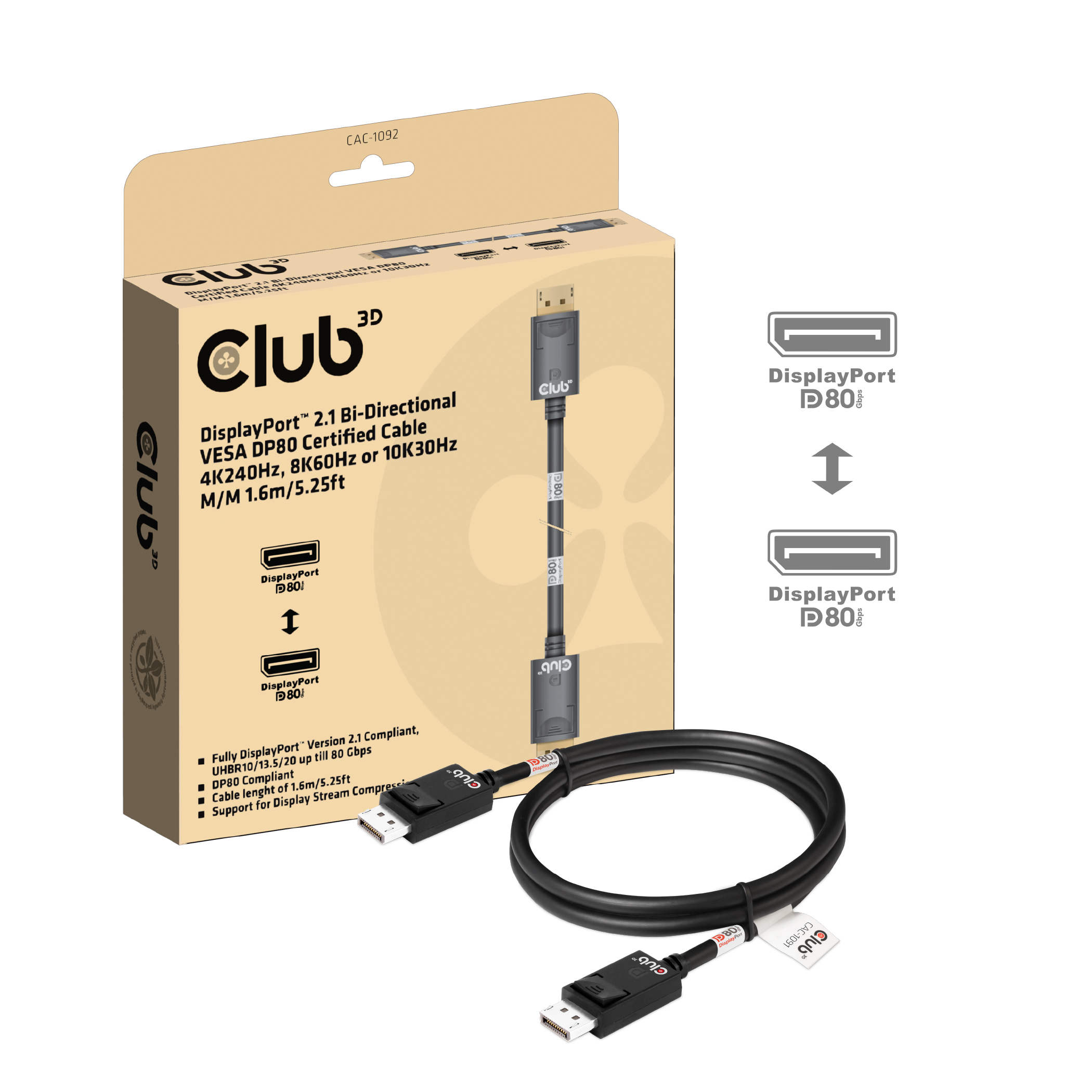 Club3D DP-Kabel 2.1 DP80 zertifiziert 1,6m 10K/8K/4K St/St retail