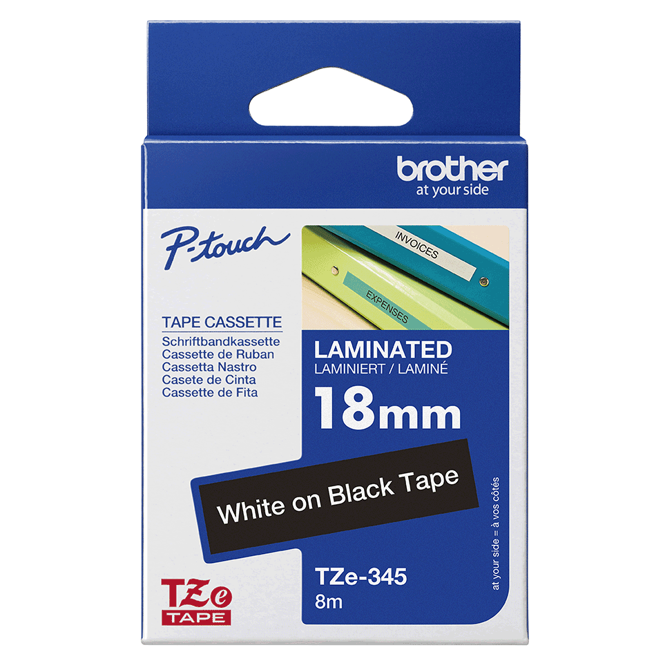 TZE-345 LAMINATED TAPE 18MM 8M WHITE ON BLACK
