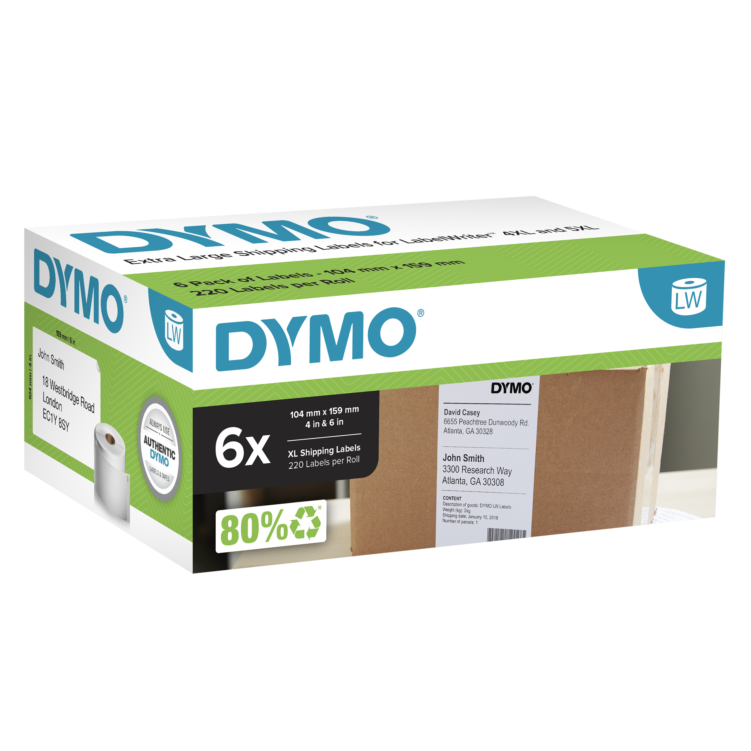 DYMO Etikettenrolle für Etikettendrucker weiß, 104,0 x 159,0 mm, 6 x 220 Etiketten