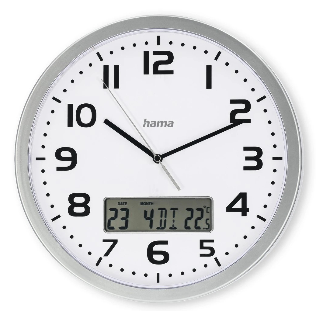 hama digitale Funkwanduhr Moorea weiß silber Kunststoff, Ø 30,0 cm