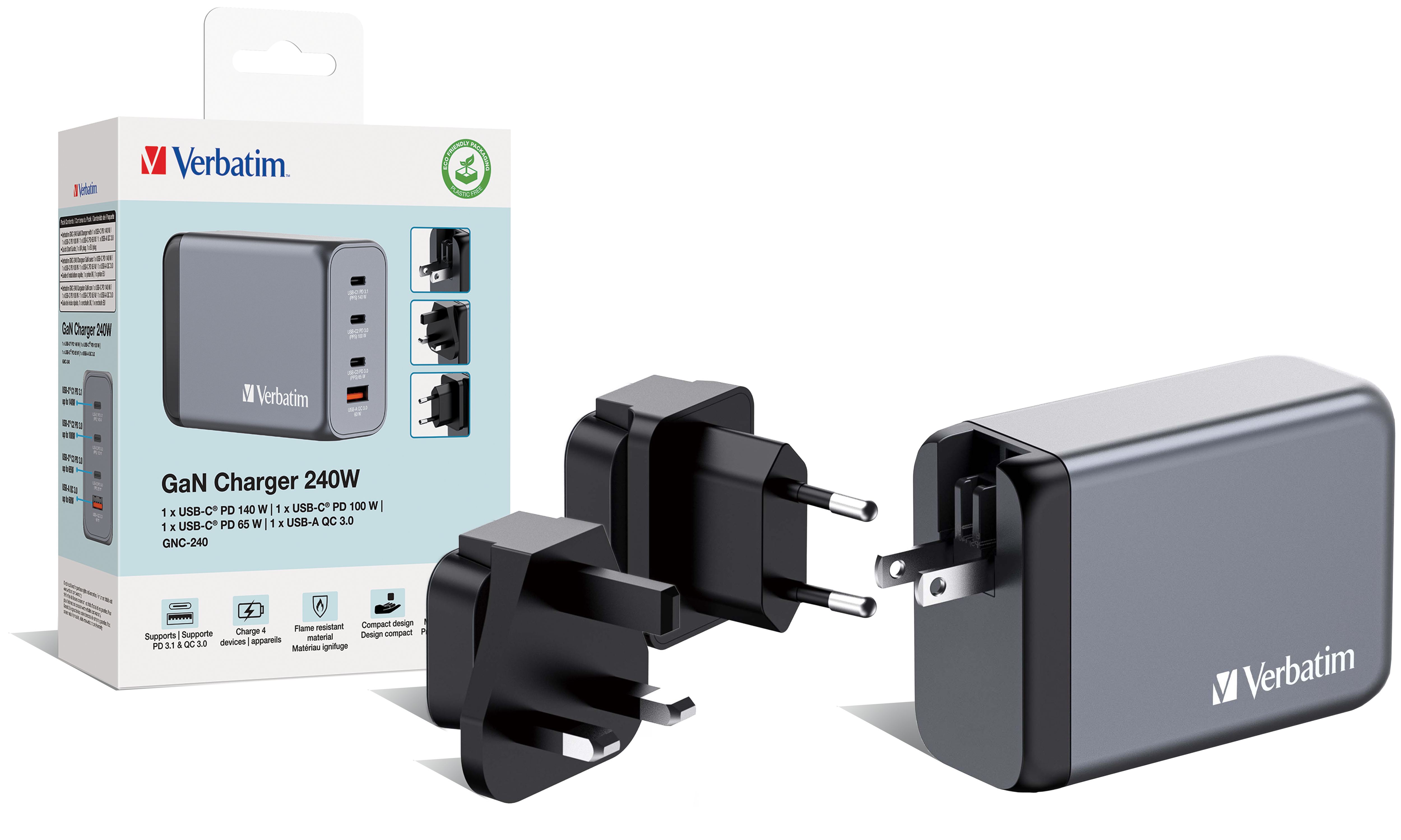 Verbatim GNC-240 GaN Charger 4 Port 240W USB A/C (EU/UK/US)