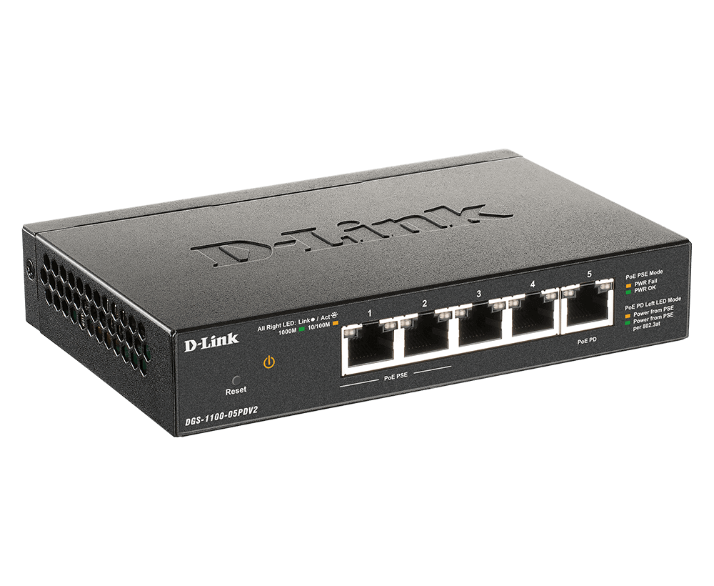 D-LINK DGS-1100-05PDV2 5-Port Gigabit PoE-powered PoE Smart Switch 5x 10/100/1000Mbit/s 1x PD Port 2x 802.3af Port (ohne Netzteil)