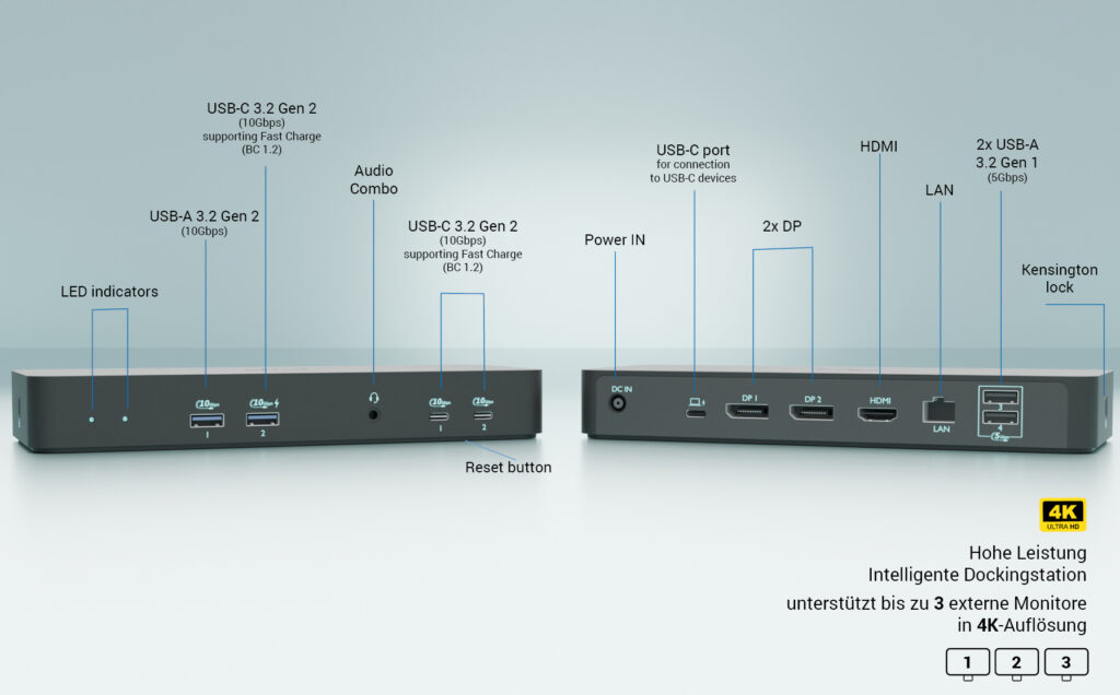 I-TEC USB-C Intelligent Triple Display Docking Station 1xHDMI 2xDP 1xGLAN 2xUSB-C Gen2 2xUSB-A Gen2 2xUSB-A Gen1 1xAudio/Mic PD 100W