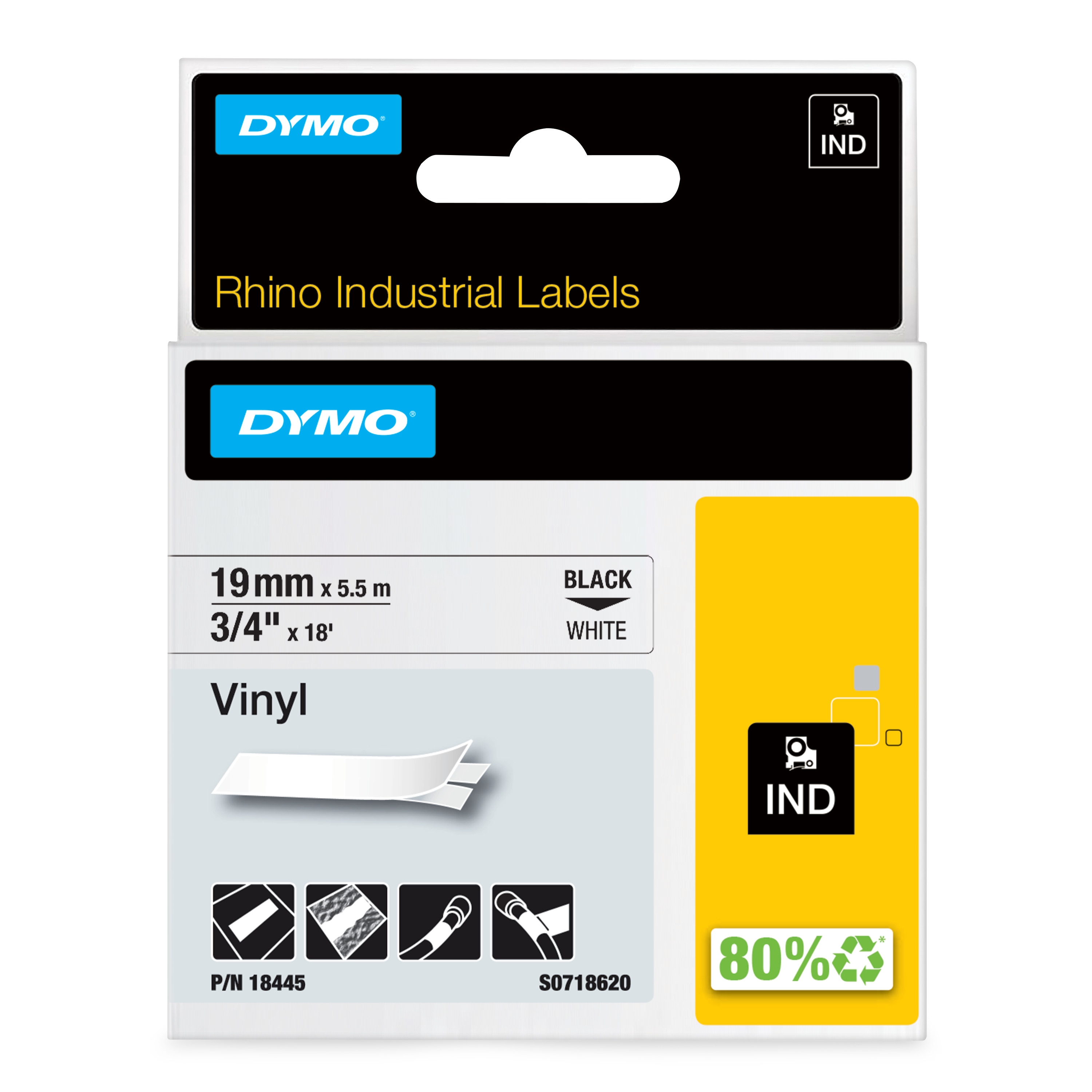 Rhino IND ORIGINAL Schriftband Vinyl 19mm x 5,5m, schwarz auf weiß