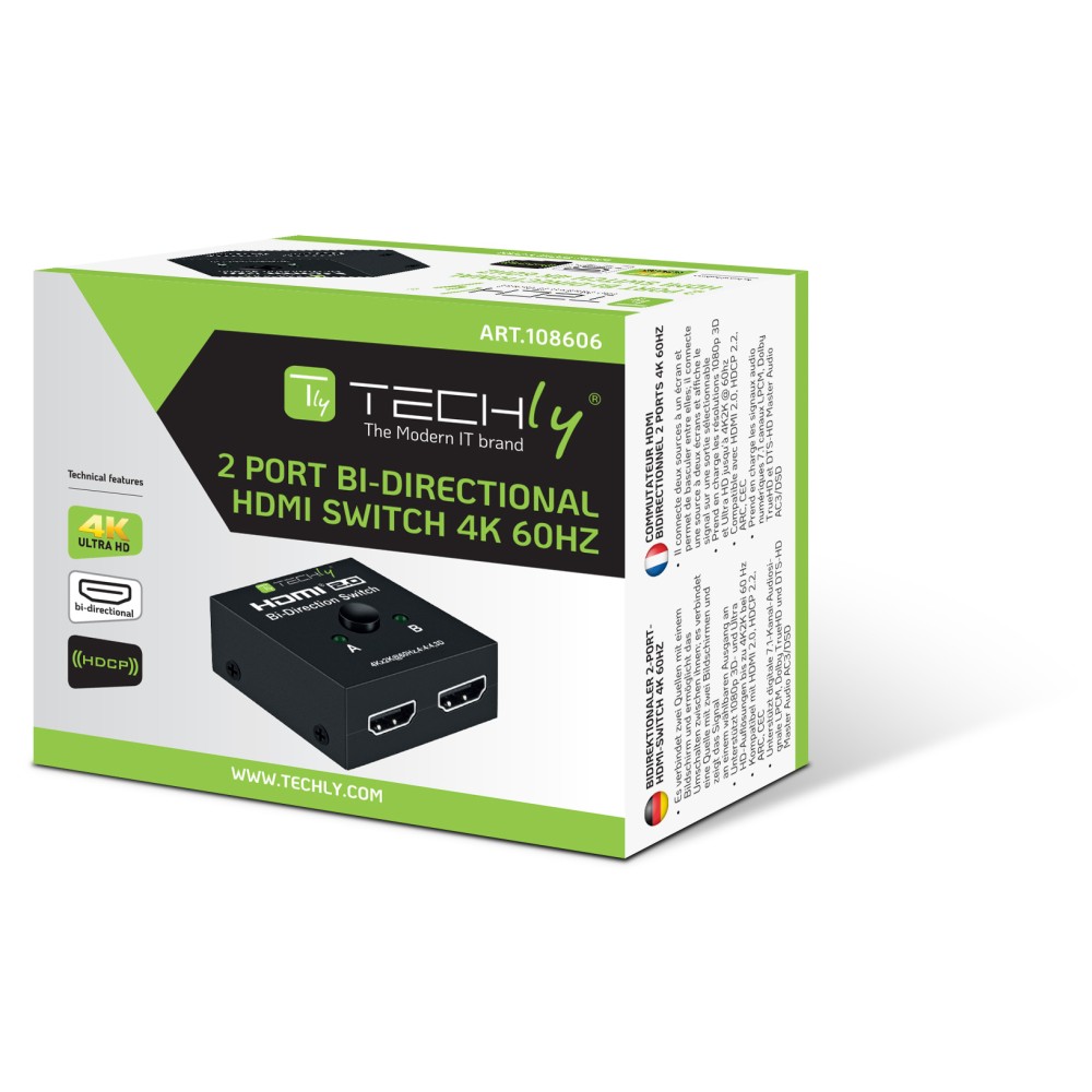 TECHLY HDMI 4K 60Hz Bi-Direktionaler Switch 4K 2-Port schwarz Schaltbar sind zwei HDMI-Quellen an einen einzigen HD-TV oder Projekt.