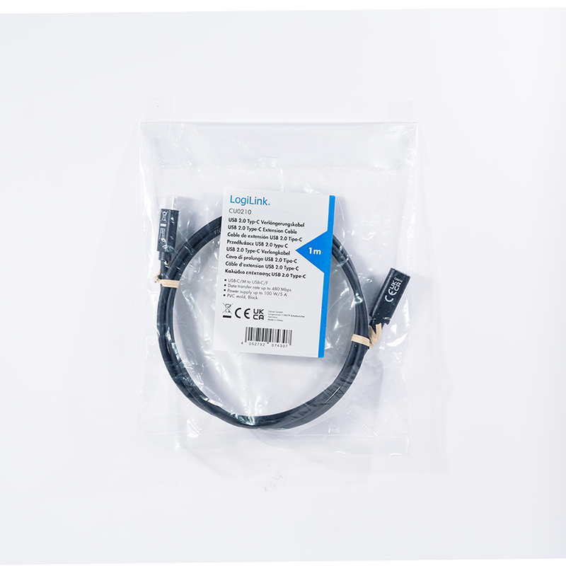 Logilink USB 2.0 Typ-C Kabel C/M > USB-C/F, PD, schwarz 1m